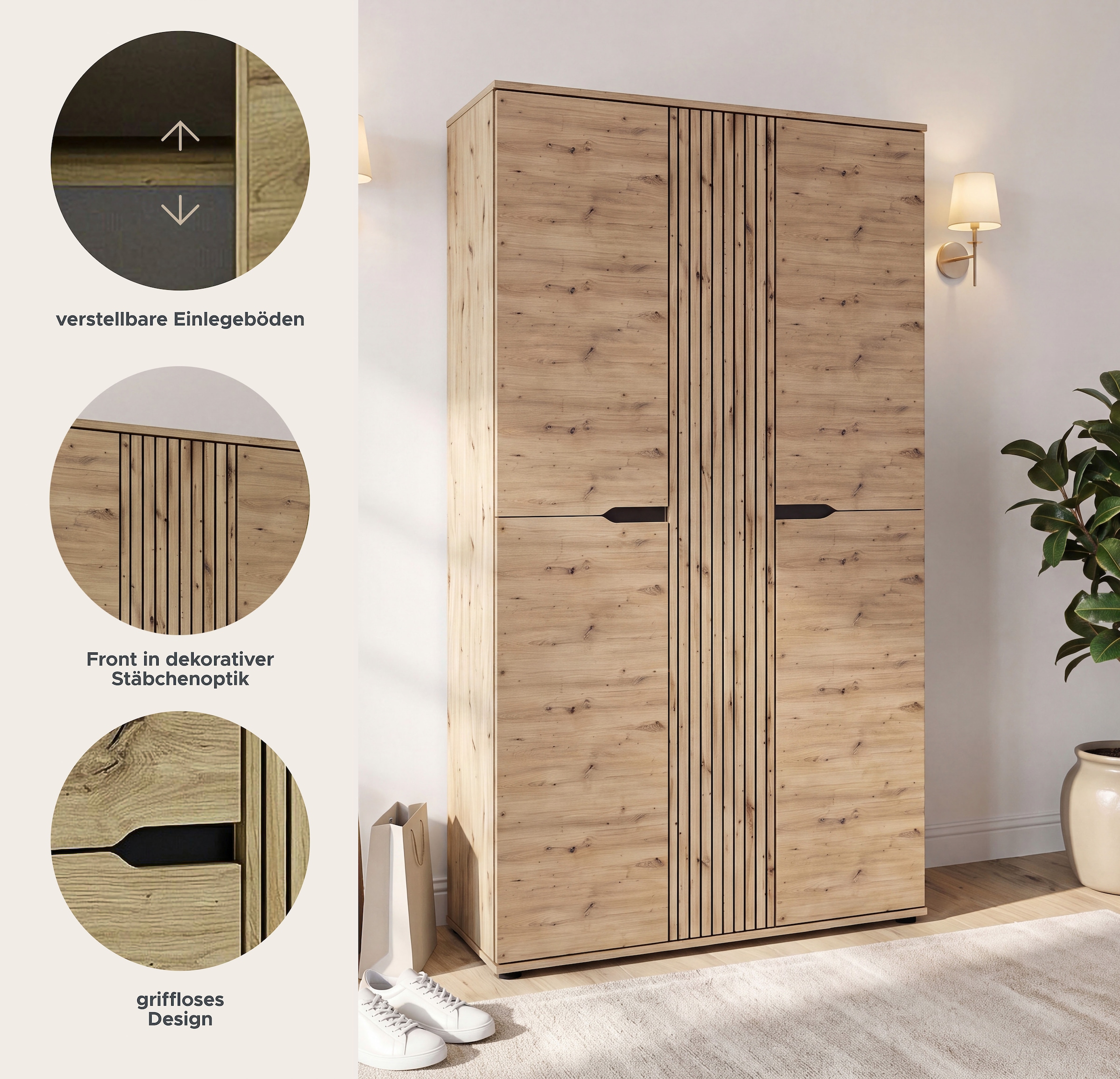OTTO home Garderobenschrank »FJELL, Breite 104cm, 3 Türen, 8 Böden, 10 Fächer, 1 Kleiderstange« Kleiderschrank, Schrank, Dielenschrank, Flurschrank, Mehrzweckschrank