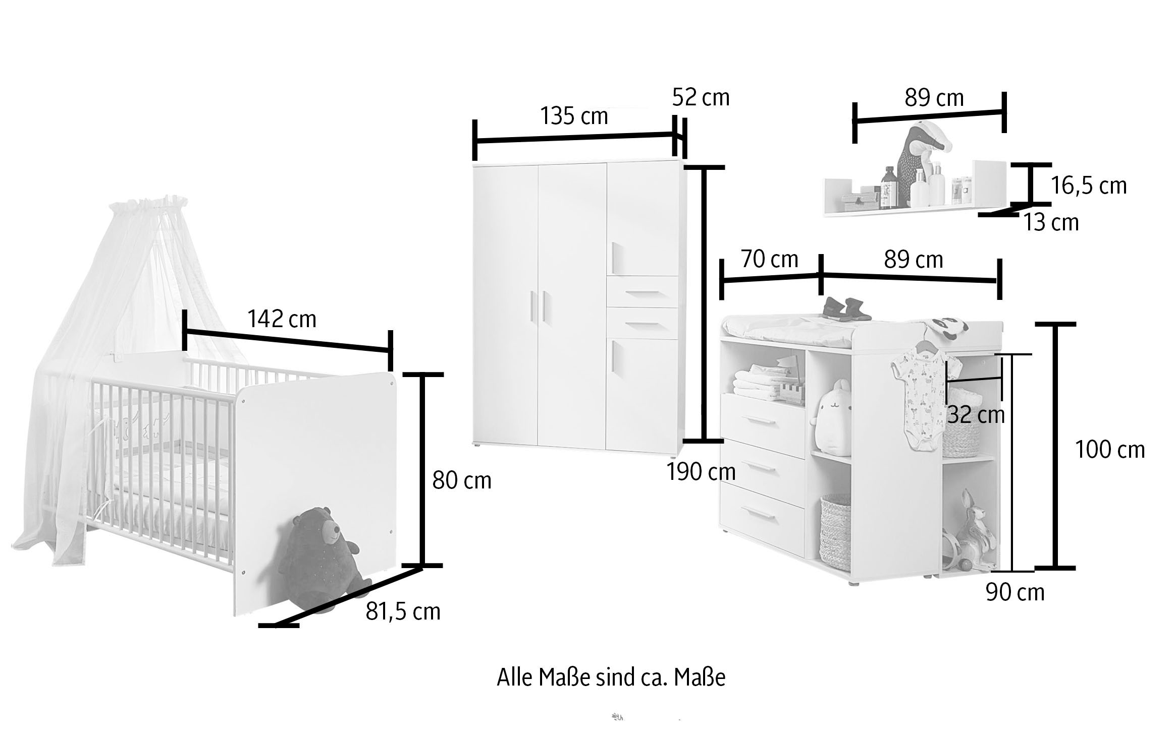 BMG Möbel Babyzimmer-Komplettset »Lea«, (Set, 6 tlg., Bett, Wickelkommode, Unterbauregal, Schrank, Wandboard), Bett + Wickelkommode + 2x Unterbauregal + 4-trg. Schrank + Wandboard