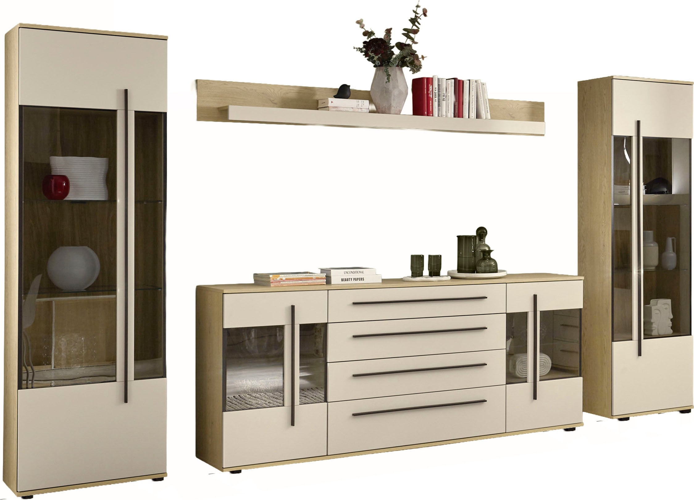 Home affaire Wohnwand »Cantara, Anbauwand, Wohnzimmer-Set, in Eiche Evoke, Weiß oder Kaschmir« Set, 