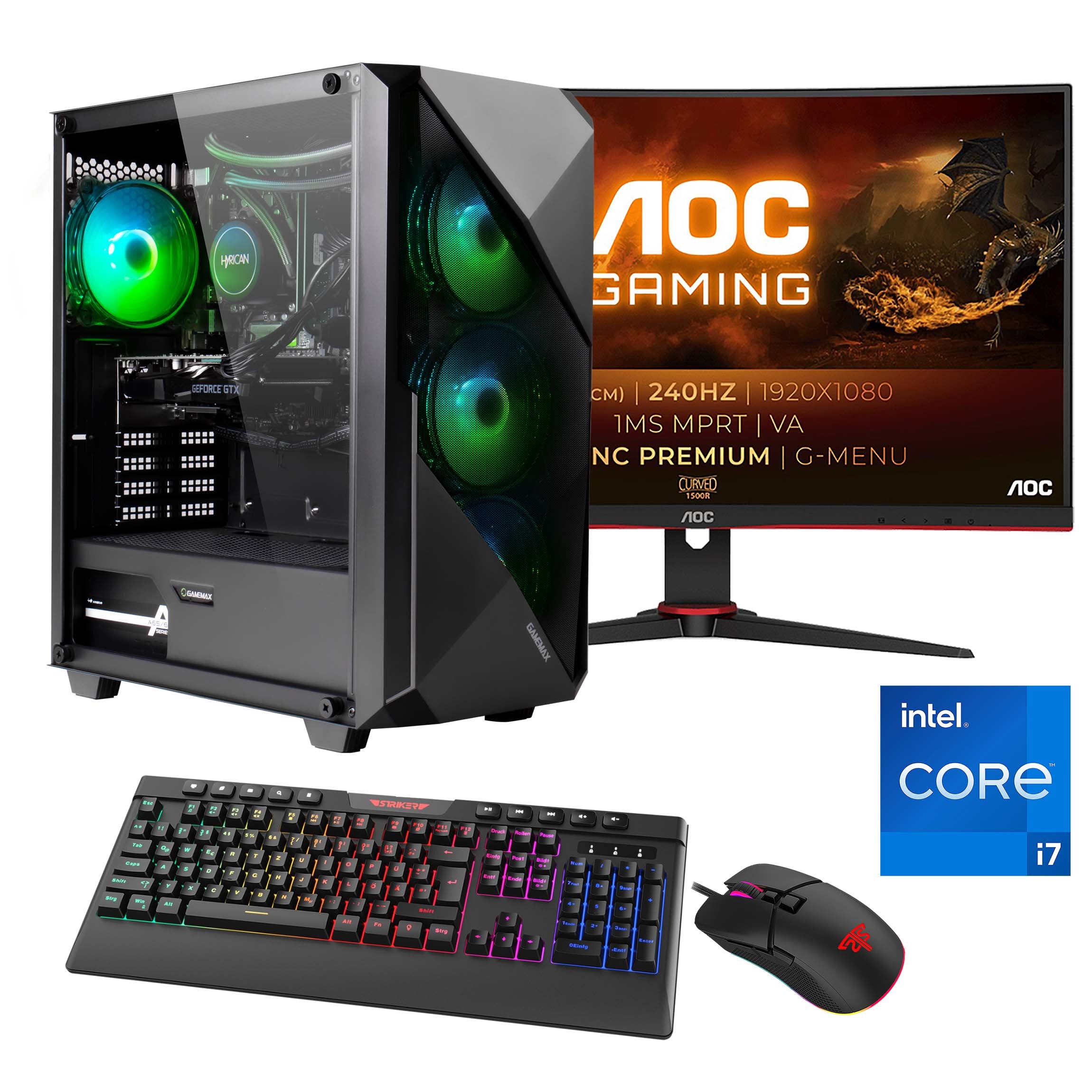 Hyrican Gaming-PC-Komplettsystem »Striker SET02368« 27 ″ Intel® Core i7 GeForce RTX 3060 16 GB RAM 1.000 GB SSD inklusive 27" Curved Monitor AOC C27G2ZE/BK
