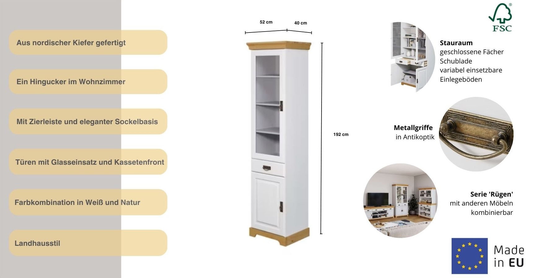 Home affaire Vitrine »Rügen«, zertifiziertes Massivholz, Höhe 192 cm, im Landhausstil