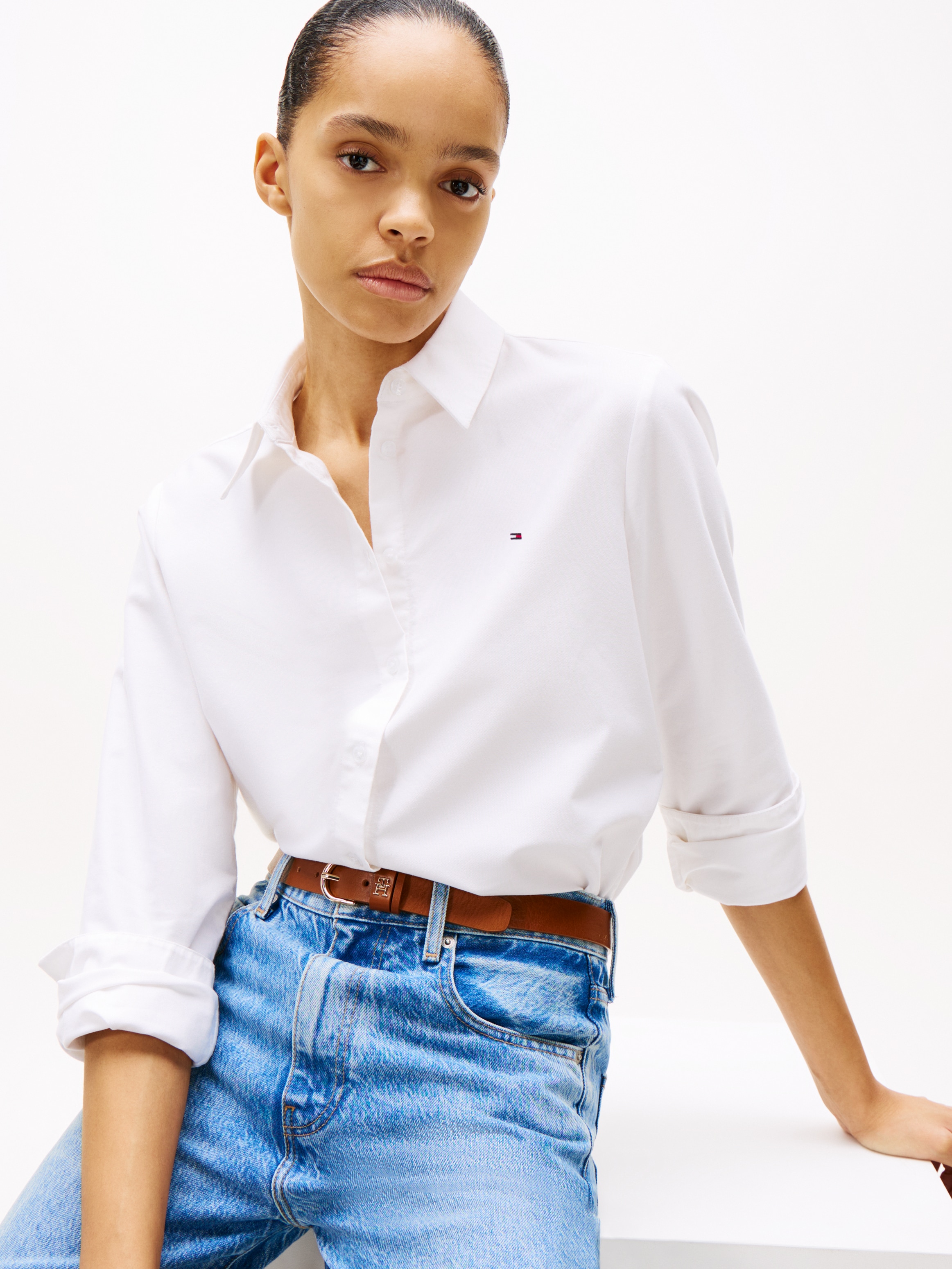 Tommy Hilfiger Hemdbluse »OXFORD RELAXED FIT SHIRT mit Hemdblusenkragen und Stickerei«, gestreift, klassisch, relaxed fit, Baumwolle, Kragen