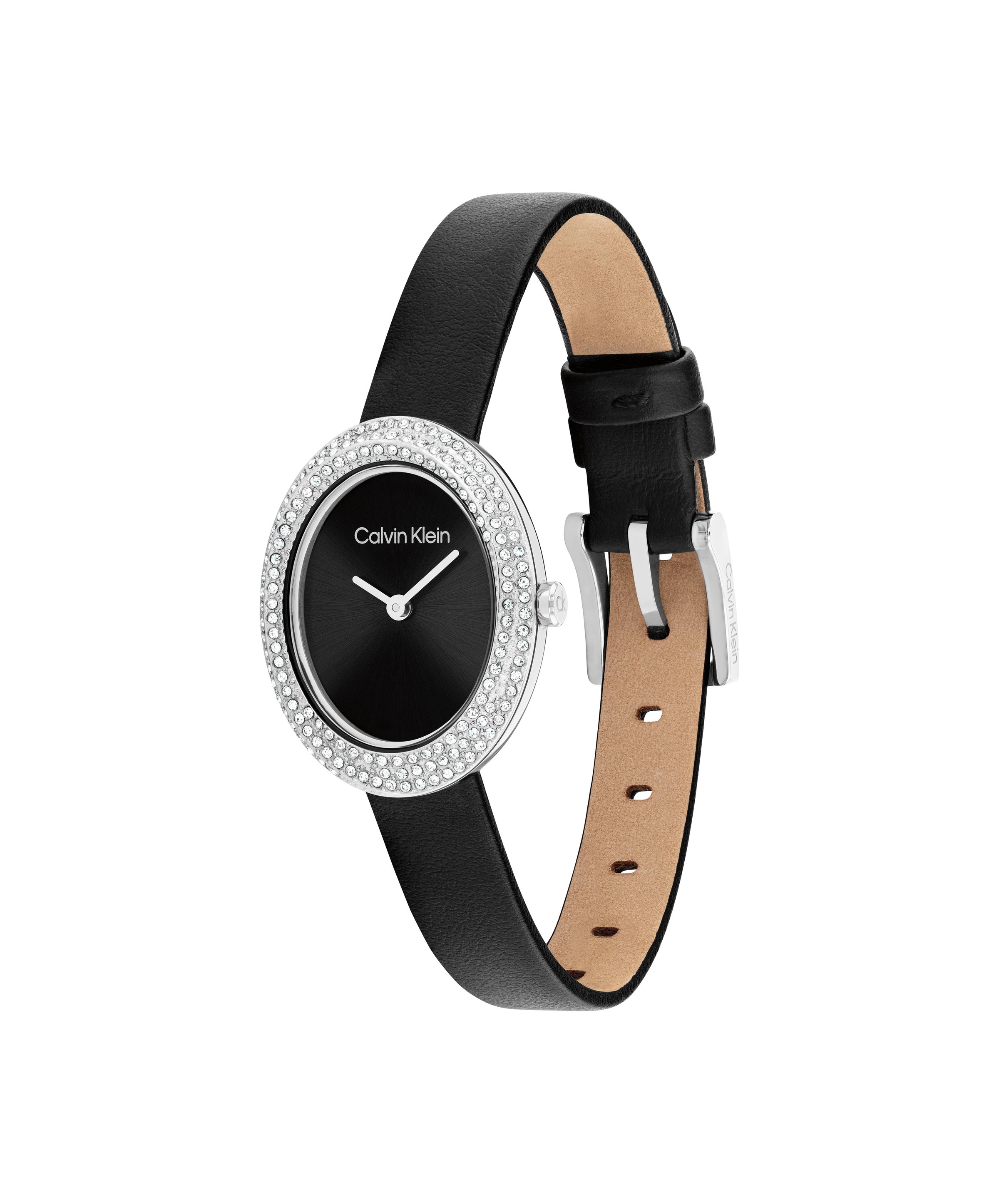 Calvin Klein Quarzuhr »TWISTED BEZEL« Armbanduhr, Damenuhr, Lederarmband, analog, Glaskristalle