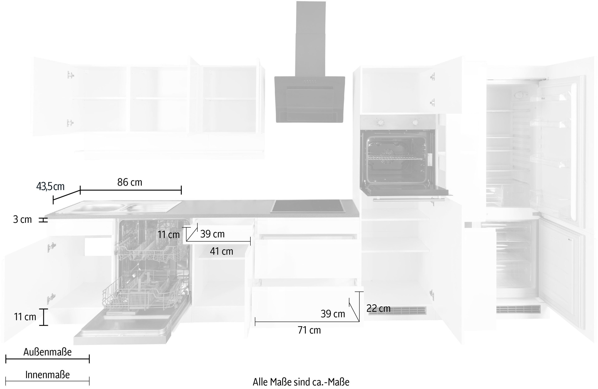 HELD MÖBEL Küchenzeile »Virginia«, Breite 390 cm, ohne E-Geräte