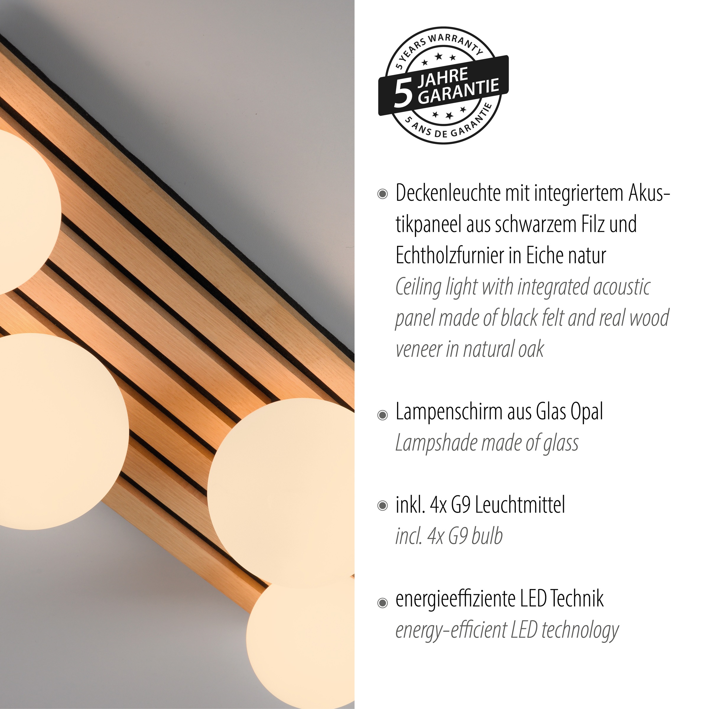 Leonique Deckenleuchte »Erinette Akustikpaneele mit Glaskugeln«, 4 flammig, Leuchtmittel G9 | Leuchtmittel wechselbar-ohne Leuchtmittel, Holz, Akustik, Paneele, Glas, opal matt weiß, Deckenlampe