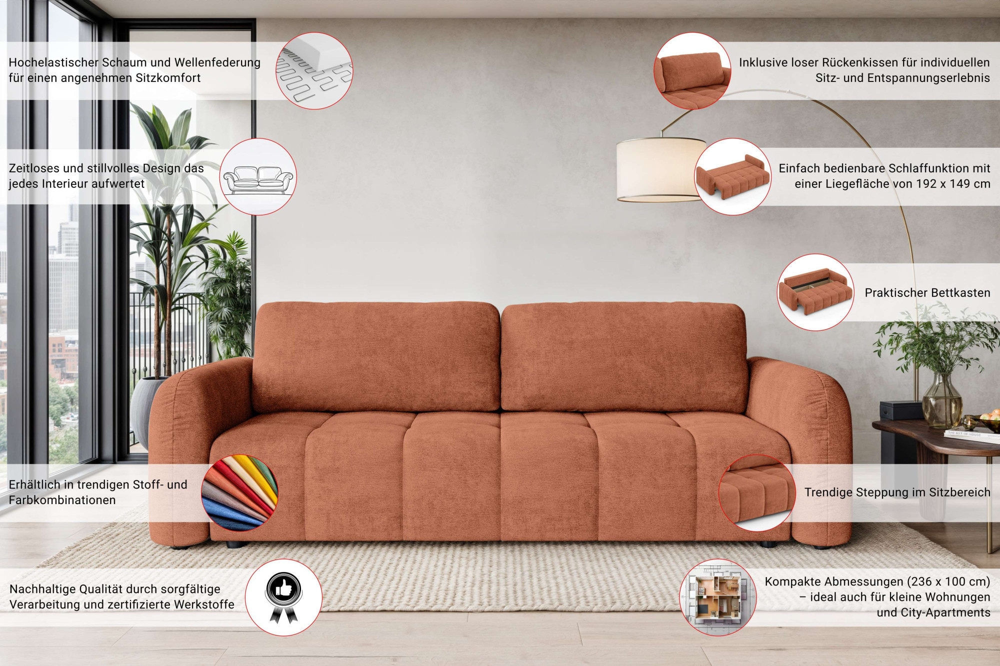 OTTO home 3-Sitzer »NERRINA Schlafsofa, Bettkasten, komfortables Sitzgefühl, Breite 234cm« Liegefläche 146x193cm, inklusive Rückenkissen, moderne Steppung