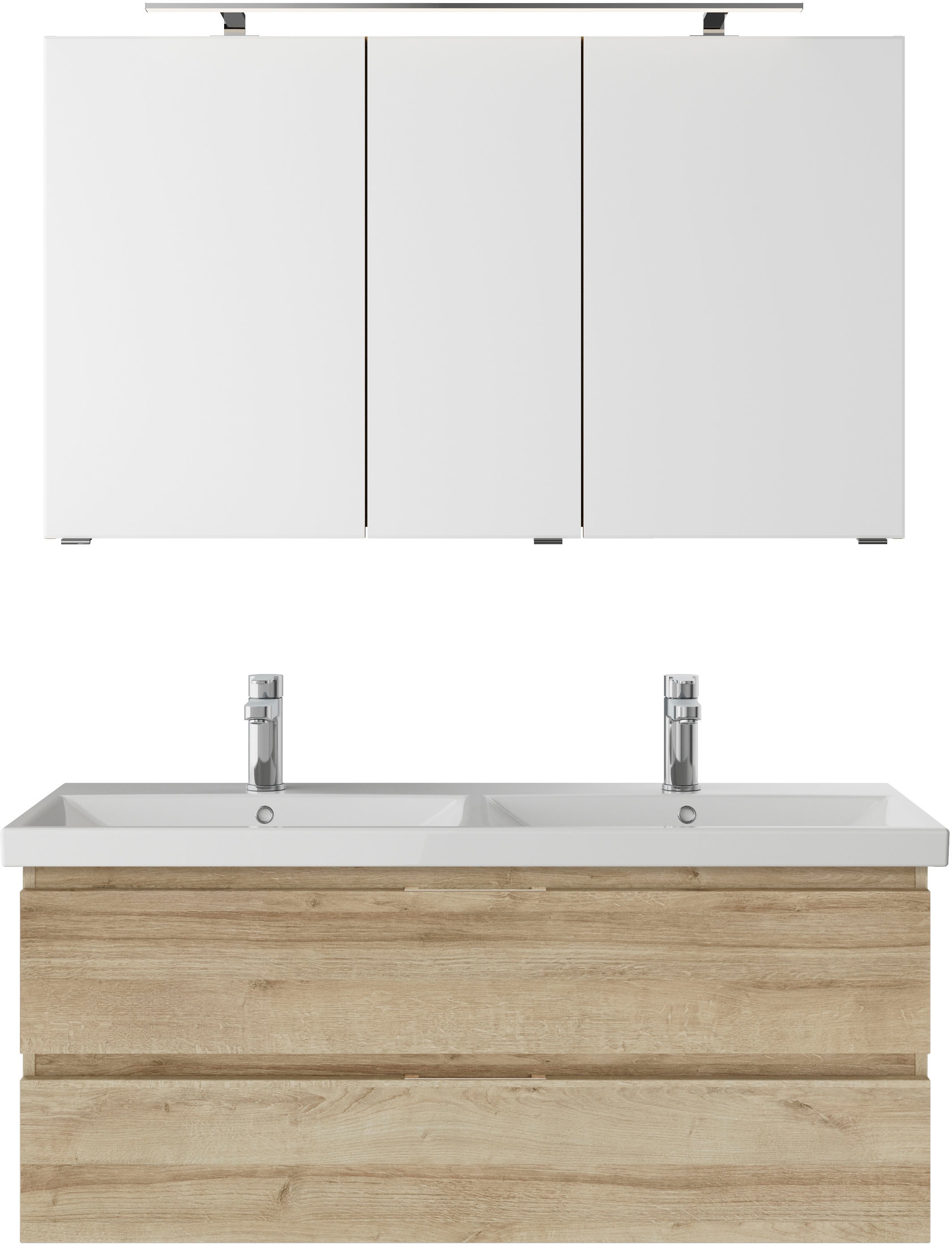 Saphir Badmöbel-Set »Serie 4035 2-teilig, Keramik-Doppelwaschtisch mit LED-Spiegelschrank«, (Set), Doppel-Waschplatz inkl Türdämpfer, 120 cm breit, 2 Schubladen, 3 Türen