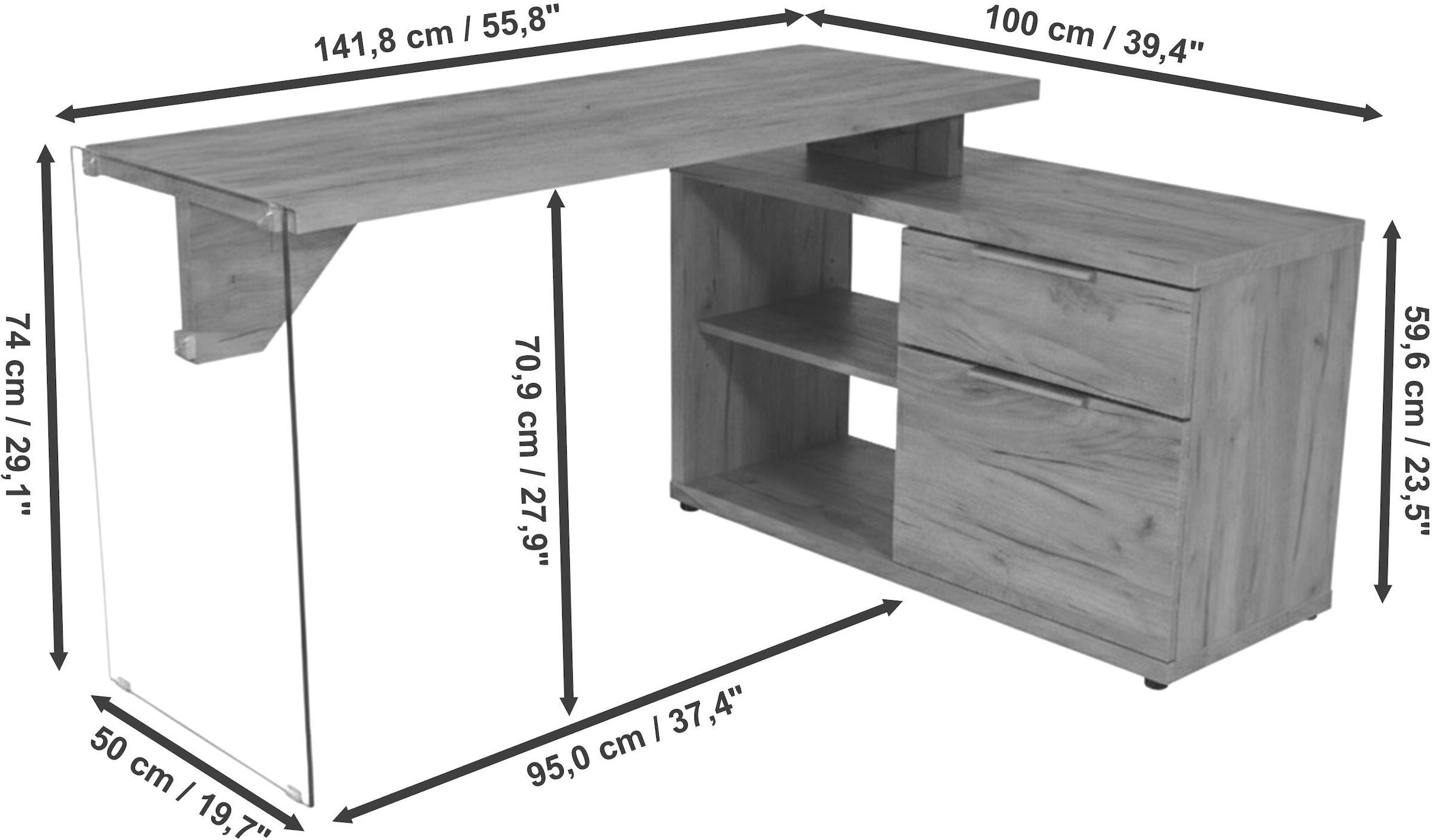 Jahnke Eckschreibtisch »LUX C 135 E« Eckschreibtisch,wechselseitig montierbar,Glas,1 Schublade & 2 Fächer