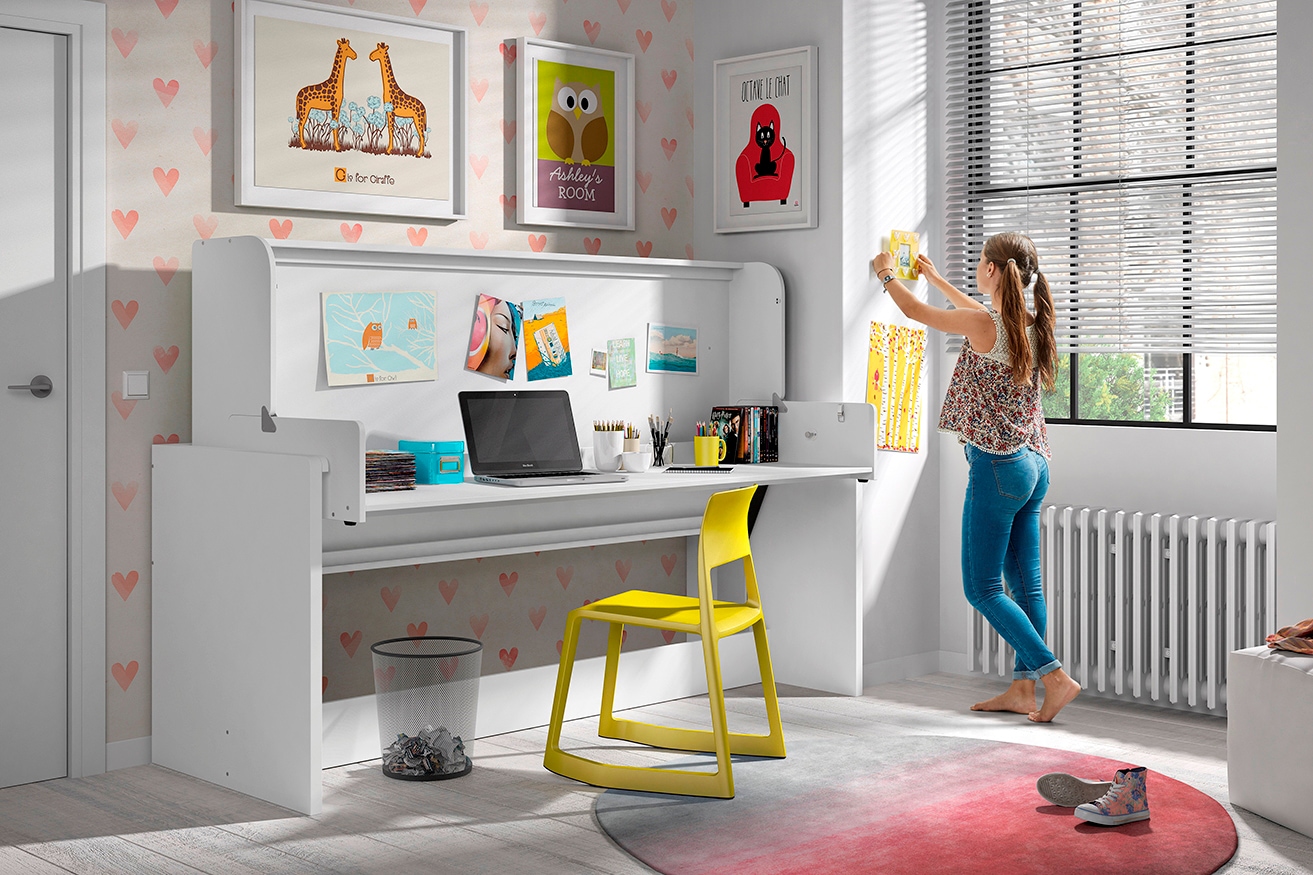 Vipack Einzelbett »Denver 90/200, die 2 in 1 Lösung für das Kinderzimmer, viel Funktion«, (B/H/T ca. 216,5x146,5x109,5cm, Dekor weiß, schwenkbar zum Schreibtisch), mit großer Schreibplatte, ideal für kleine Räume