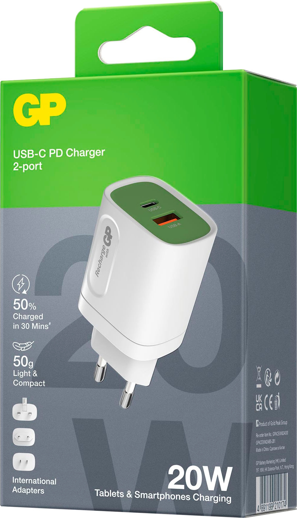 GP Batteries USB-Ladegerät »Steckerlader 20W PD 2 USB-Anschlüsse Typ A&C Inkl. int. Stecker«, ideal zum Laden von Smartphones, Tablets, Smartwaches, Kopfhörern uvm