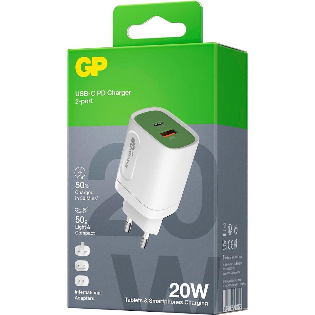 GP Batteries USB-Ladegerät »Steckerlader 20W PD 2 USB-Anschlüsse Typ A&C Inkl. int. Stecker«, ideal zum Laden von Smartphones, Tablets, Smartwaches, Kopfhörern uvm