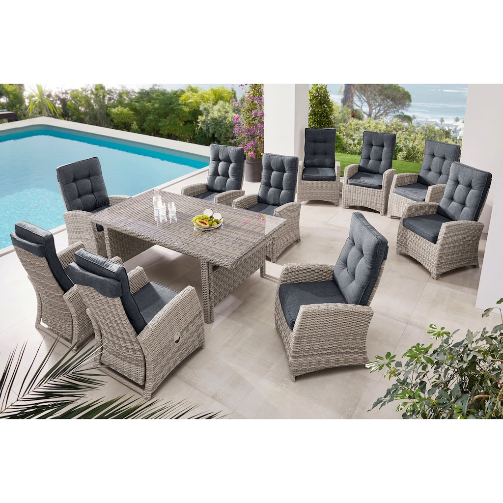 KONIFERA Garten-Essgruppe »Monaco«, (Set, 31 tlg., 10x Sessel, 1xTisch 200-366x100x75,5cm, inkl. Auflagen, Polyrattan,Alu)