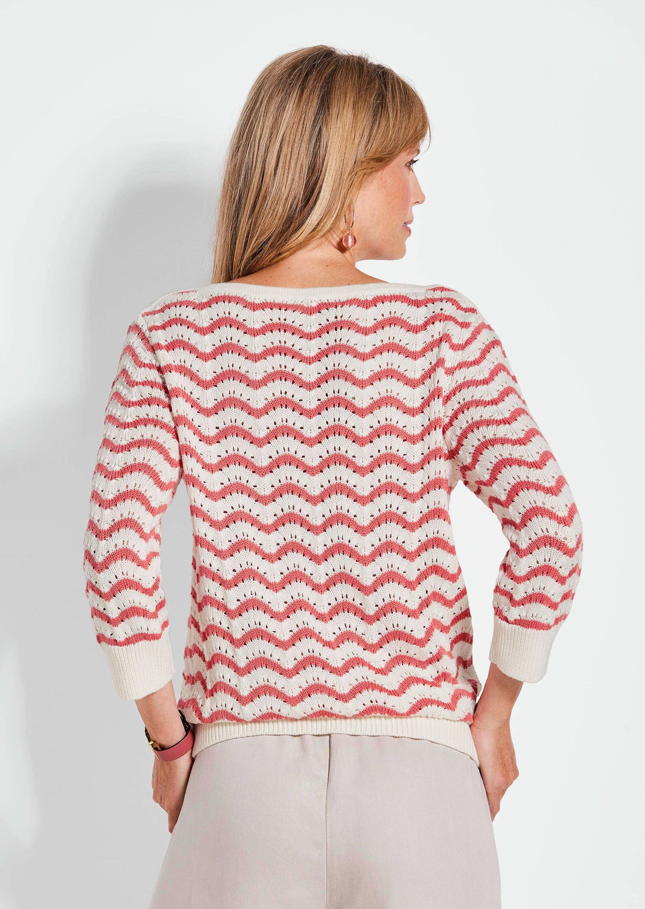 GOLDNER Rundhalspullover »Kurzgröße Ringelpullover mit 3/4-Arm und Ajourdetails«