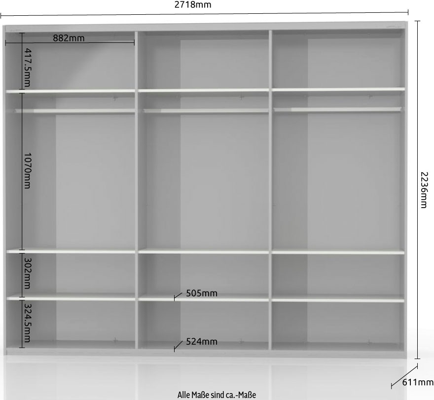 Places of Style Schwebetürenschrank »Piano, FSC-zertifiziert, mit Einlegeböden und Kleiderstangen«, (in 3 Breiten, 224cm hoch, mit verchromten Aufleistungen), UV lackiert, hochglänzend, mit Soft-Close Funktion, in beige oder weiß