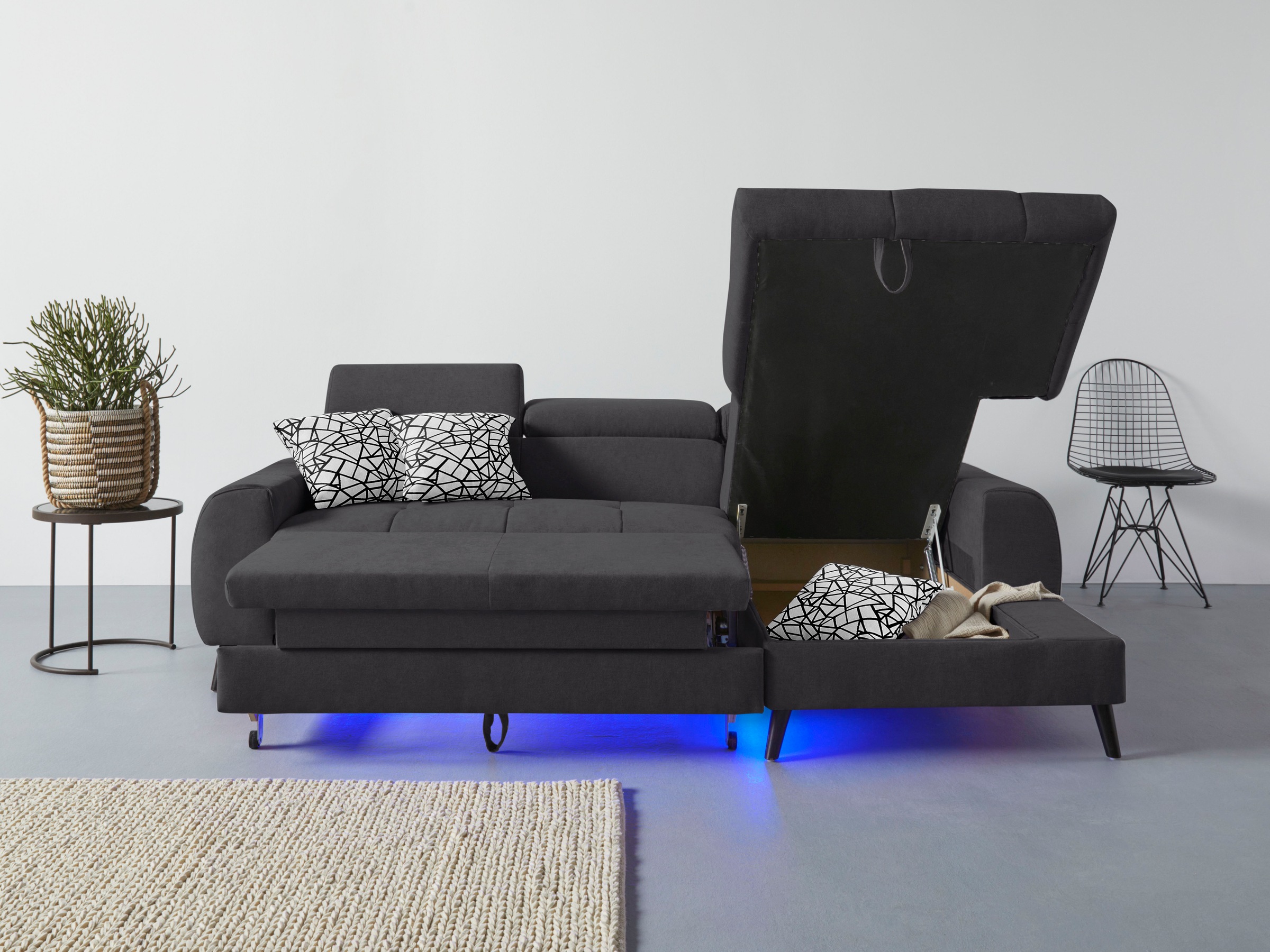 COTTA Ecksofa »Mia L-Form mit 3 Zierkissen«, wahlweise mit Bettfunktion, Bettkasten, Beleuchtung & Wireless-Charger