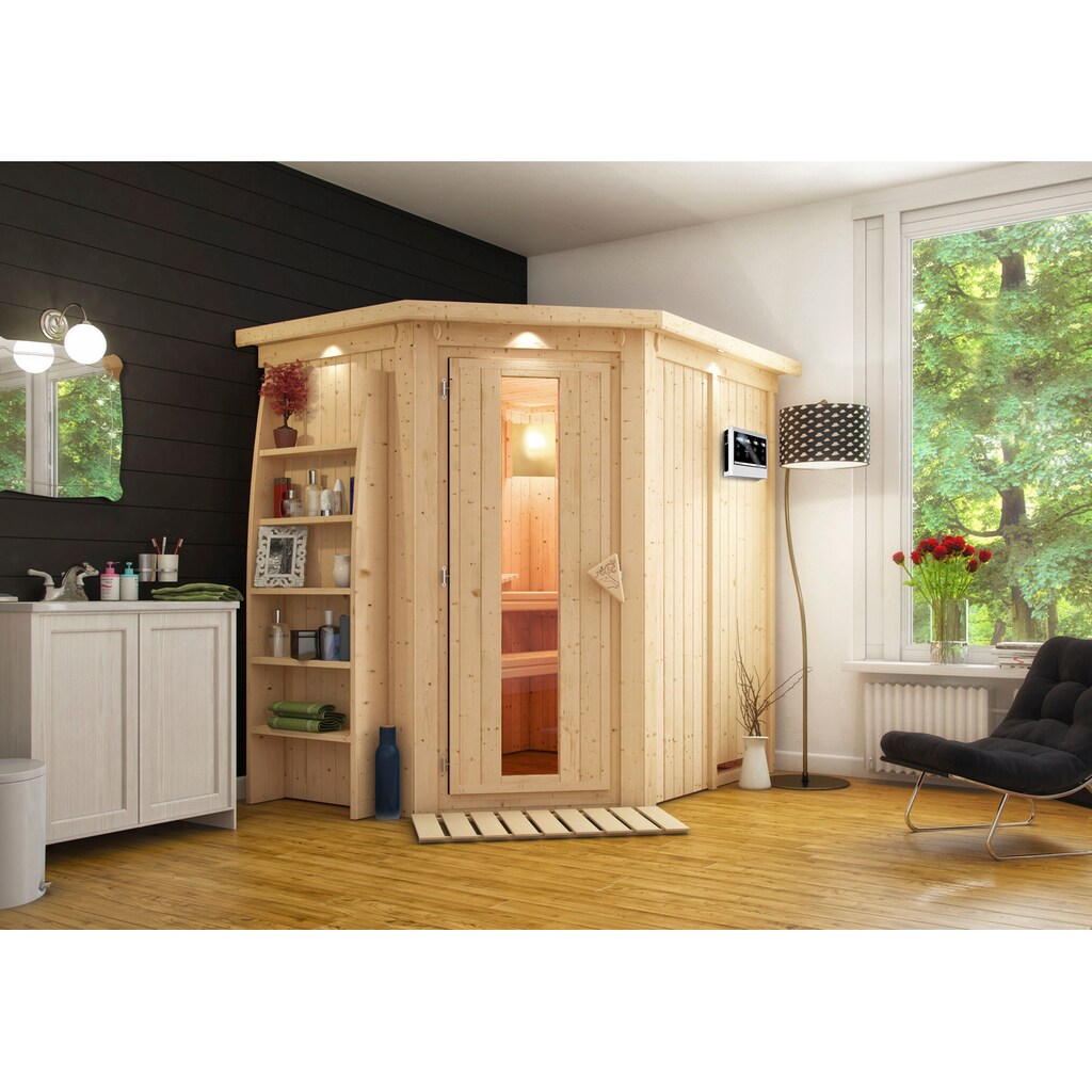 Karibu Sauna »Cellin«, (Set), 3,6-kW-Plug & Play BIO-Ofen mit ext. Steuerung