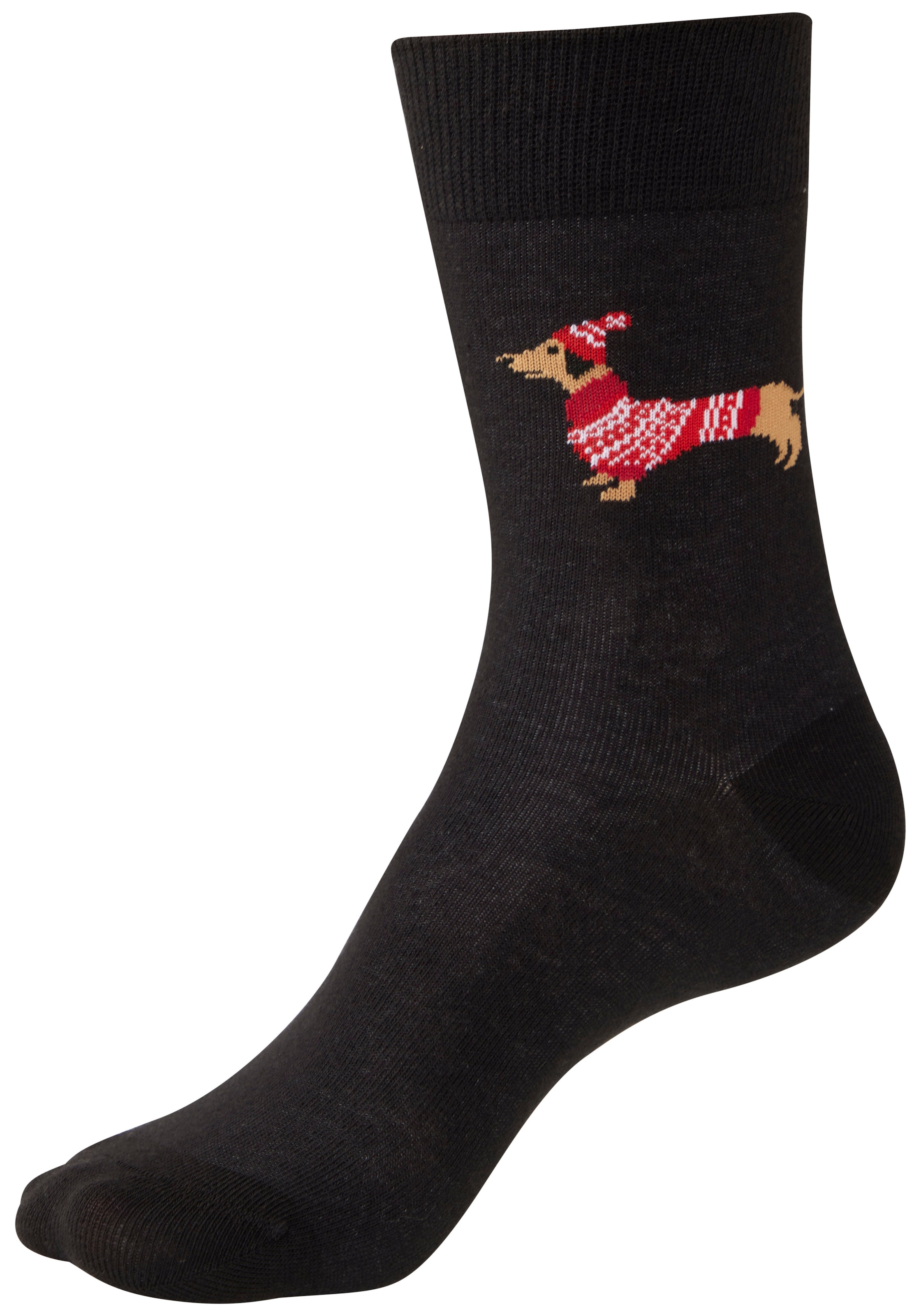 LASCANA Socken Packung, 3 Paar tlg. mit weihnachtlichem Dackelmotiv