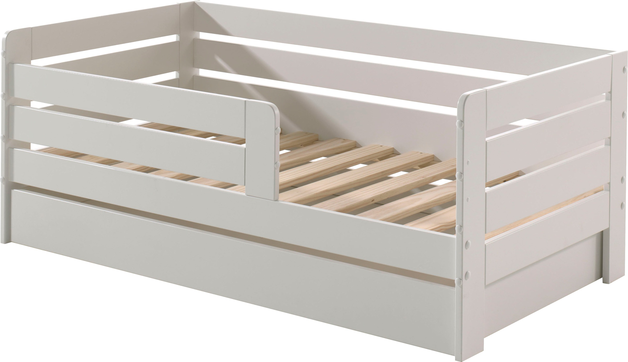 Vipack Kinderbett »Junior, Kiefermassiv mit umlaufendem Absturzschutz und Rolllattenrost«, (B/H/T ca. 143,6x56x70cm, mit niedrigem Betteinstieg), wahlweise in 2 Farben, mit oder ohne Schublade