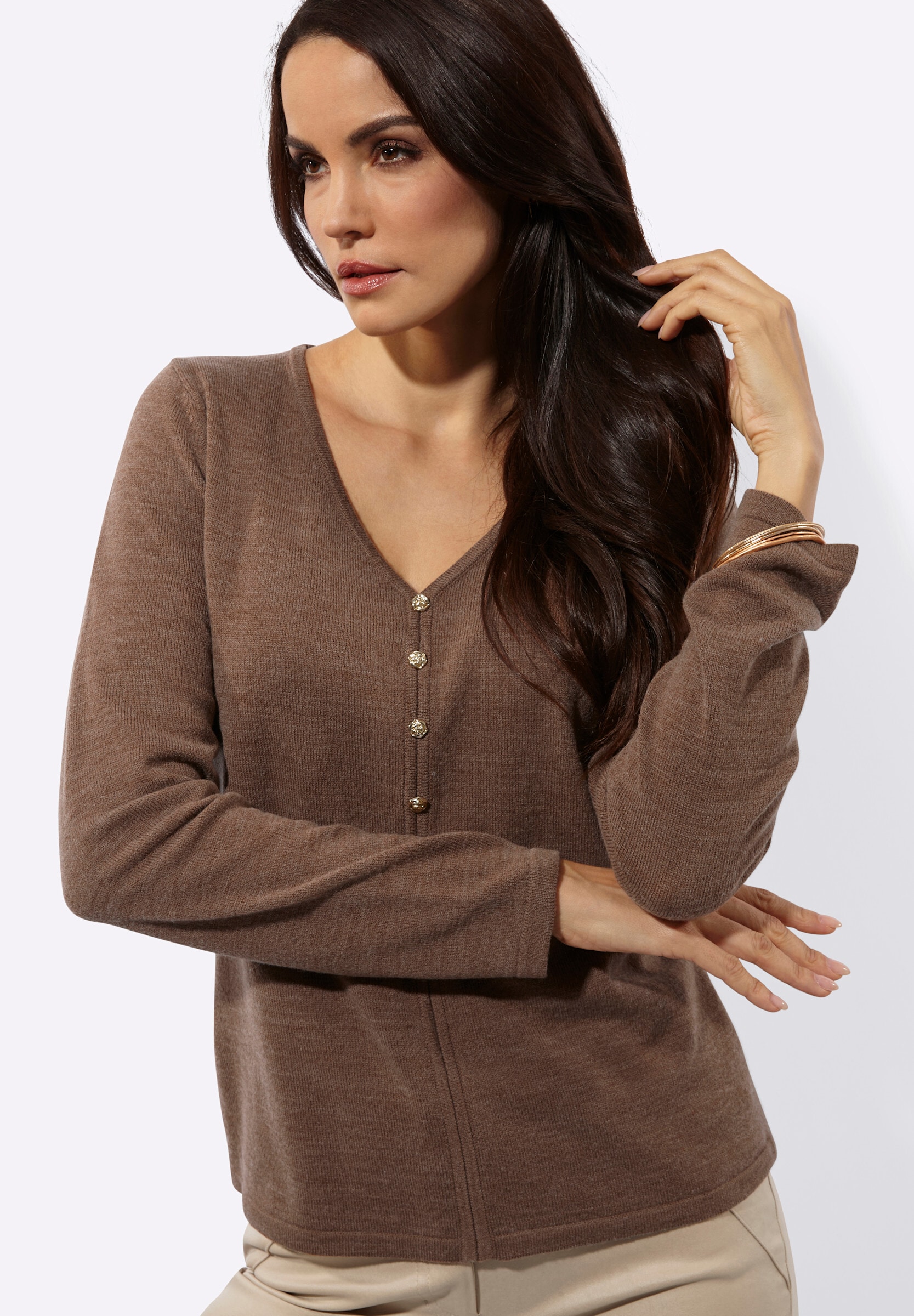 creation L Strickpullover »Woll-Mix-Pullover Langarm-Pullover mit Zierknopf-Leiste«