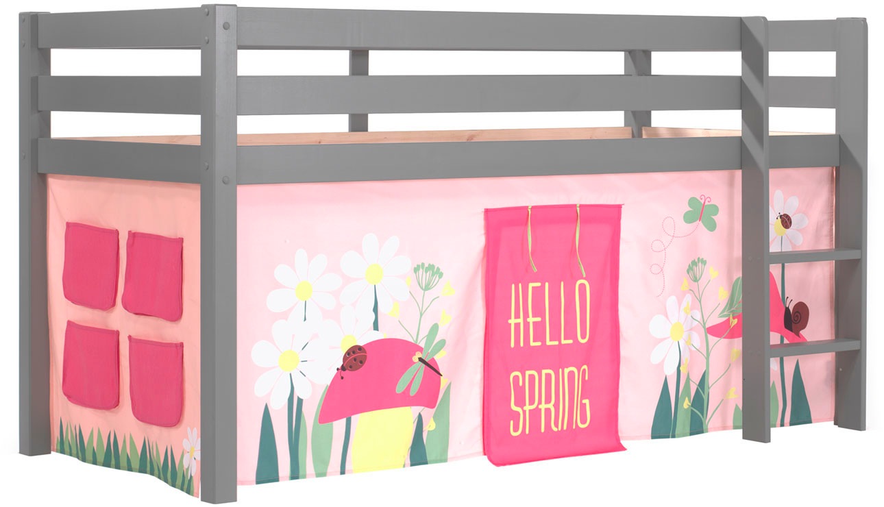 Vipack Hochbett »Pino, Spielbett massiv Kiefer, stabil gebaut, 3 Korpusfarben zur Wahl«, (inkl. Rolllattenrost, Leiter und Absturzschutz, mit oder ohne Rutsche), Textil-Set "Spring", inkl. Vorhang, mit oder ohne Tunnel