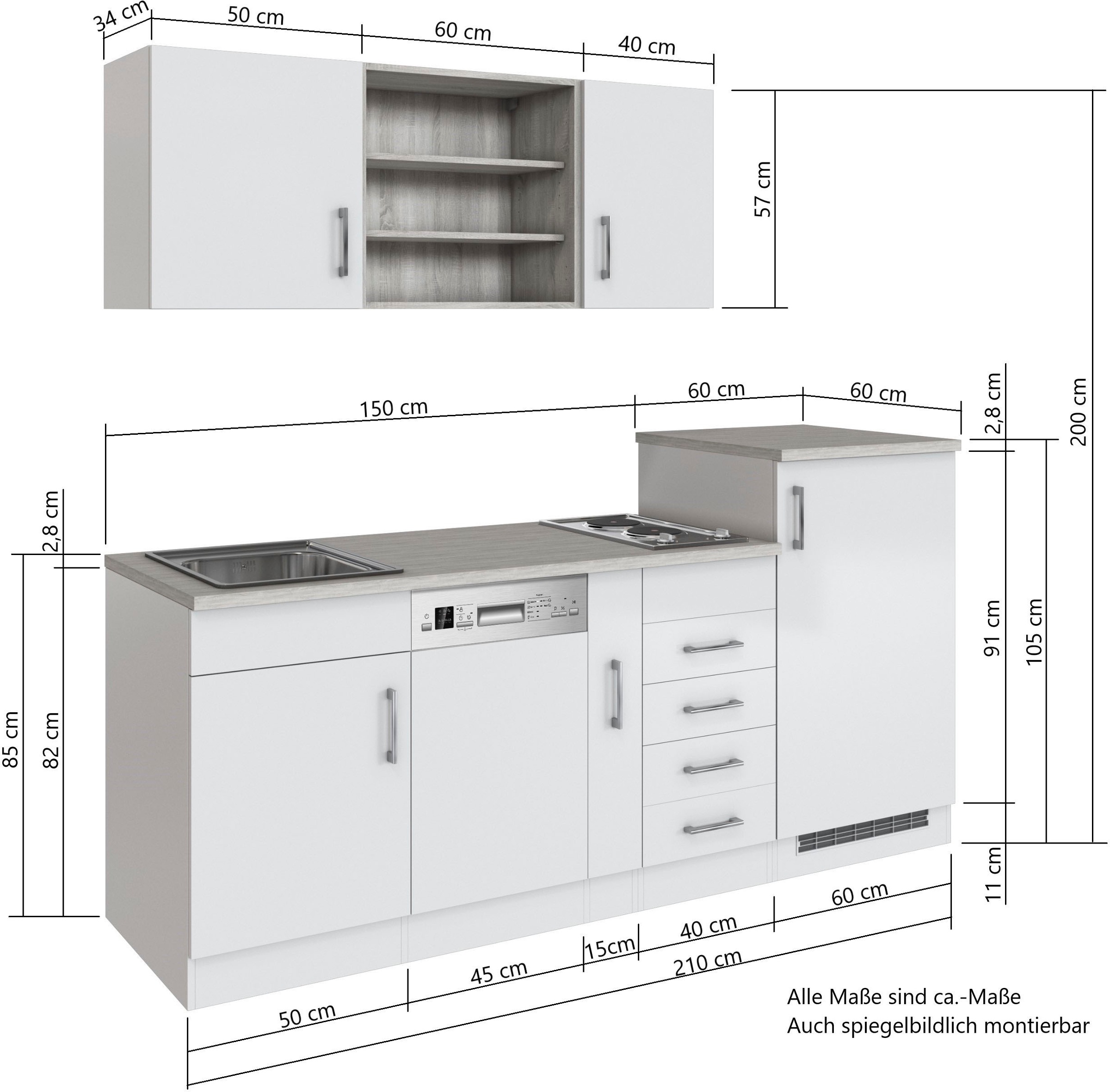 KOCHSTATION Küche »KS-Mali«, Breite 210 cm, mit E-Geräten