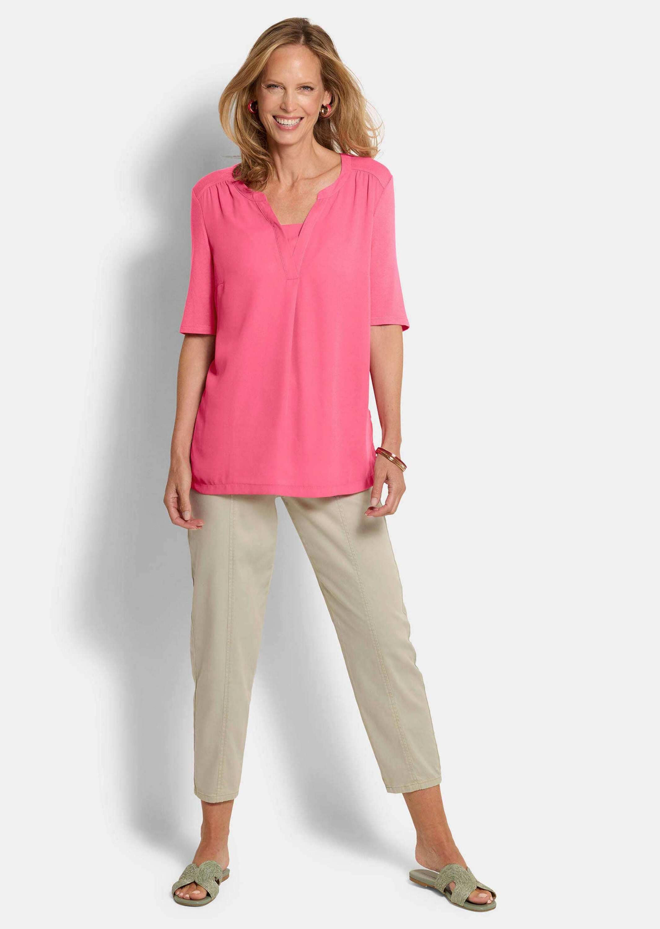 GOLDNER Kurzarmbluse »Chiffonbluse mit Jersey-Rückteil« Gekräuselte Schulterpartie