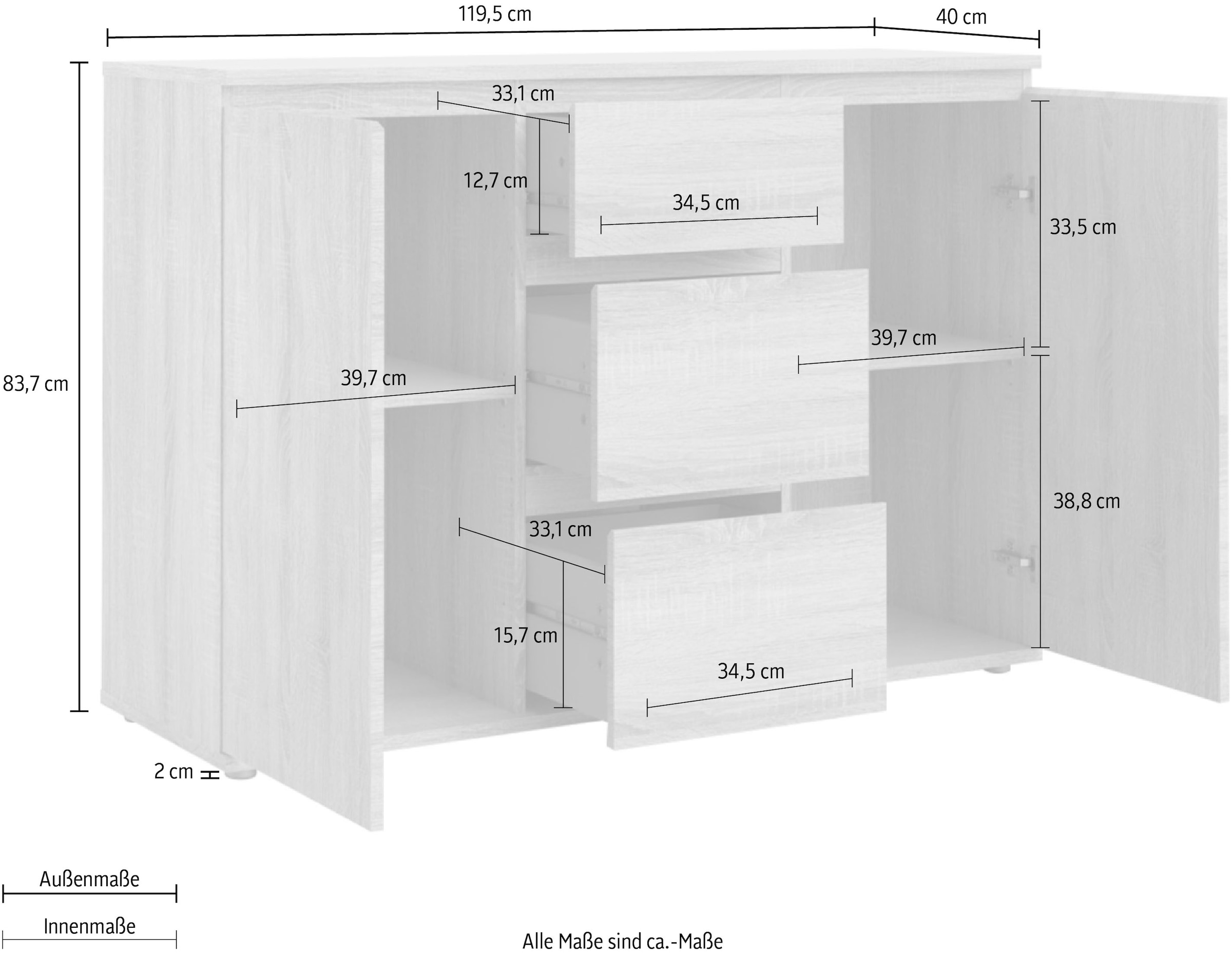 INOSIGN Sideboard »Nova, Aufbewahrung, Schubladenschrank, Sideboard,« 2 Türen, 3 Schubladen, grifflos, Breit e120 cm, Höhe 84 cm