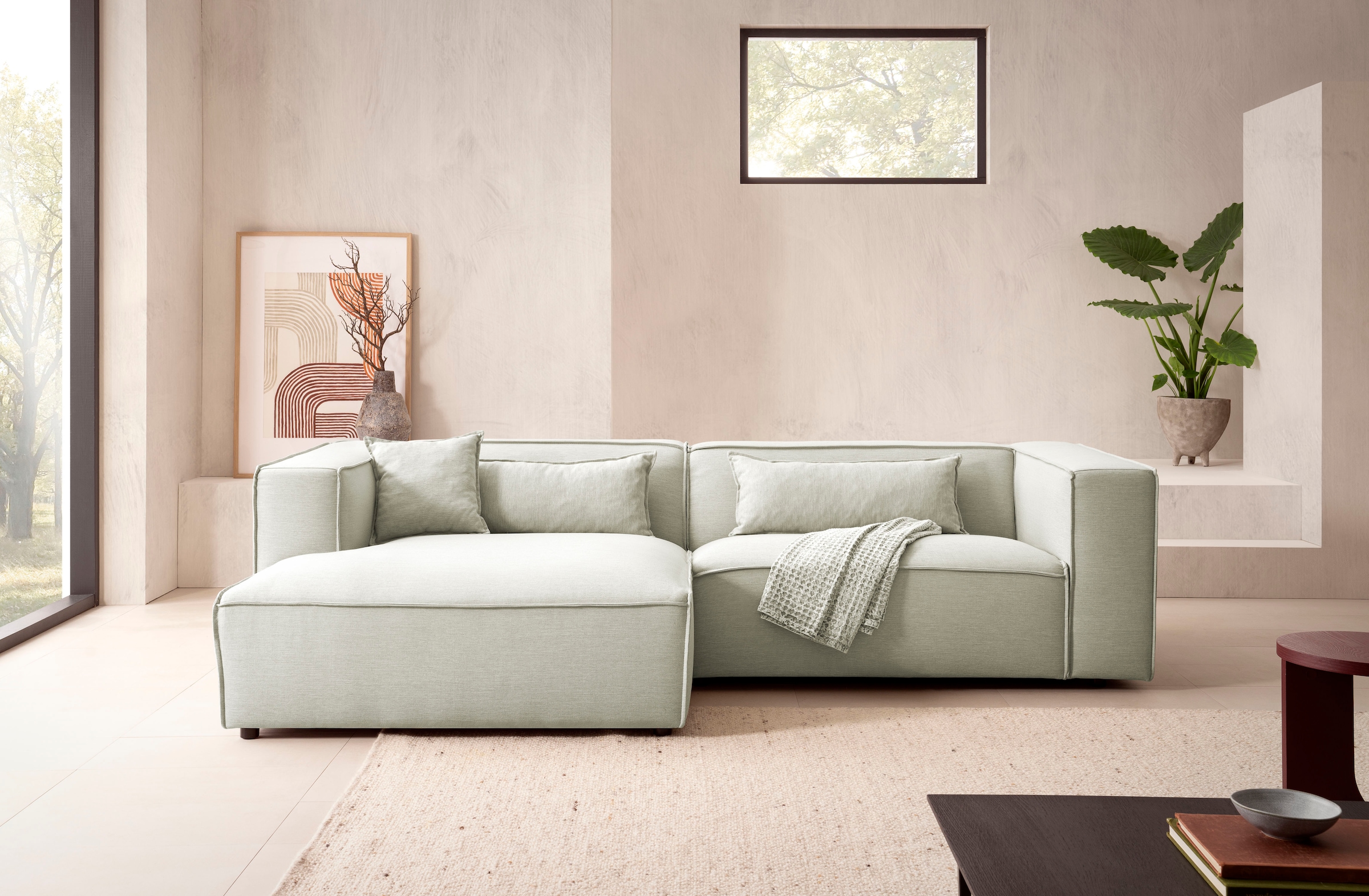 LeGer Home by Lena Gercke Ecksofa »PIARA mit Kedernaht in Cord oder Leinenoptik, moderne Couch in L-Form«, wahlweise Ottomane rechts/links, schwarze Füße, bequemer Sitzkomfort