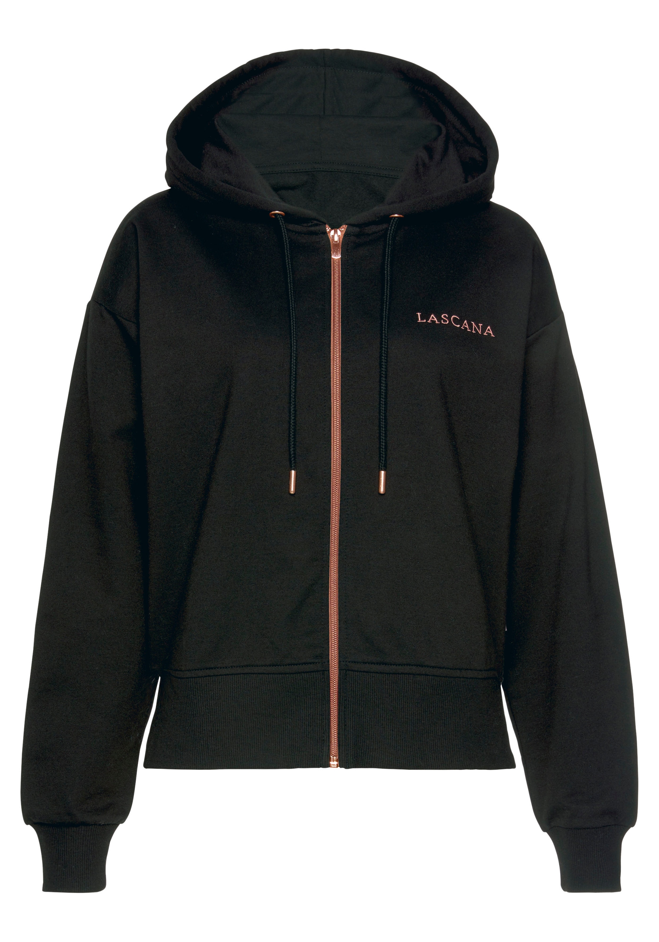 LASCANA Kapuzensweatjacke, mit kupferfarbenen Reißverschluss und Logostickerei, Loungewear