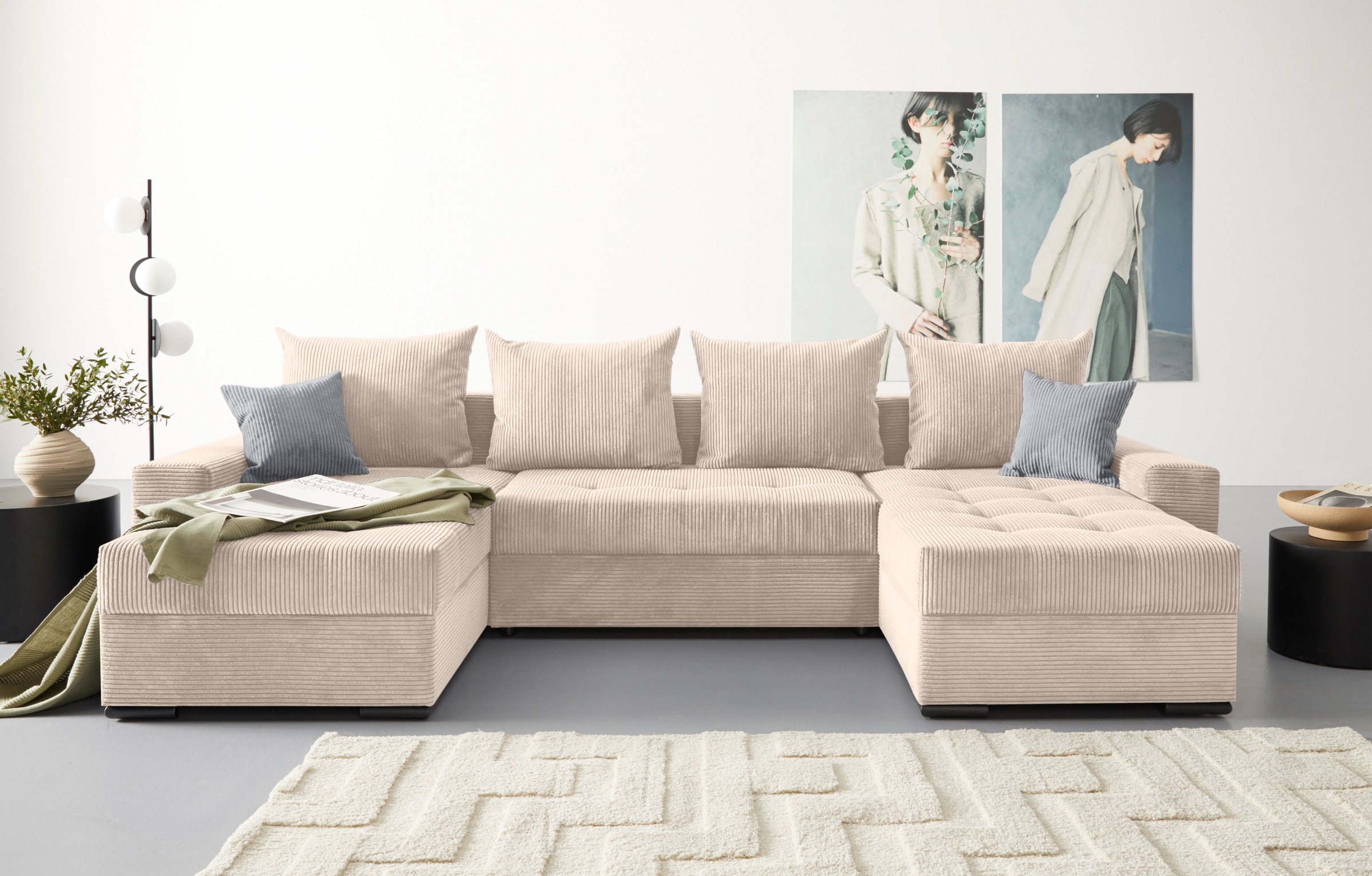 COLLECTION AB Wohnlandschaft »Josy XL U-Form, B: 313 cm in Cord, Cord-Mix« mit Bettfunktion, Bettkasten & 2 Zierkissen, Federkern