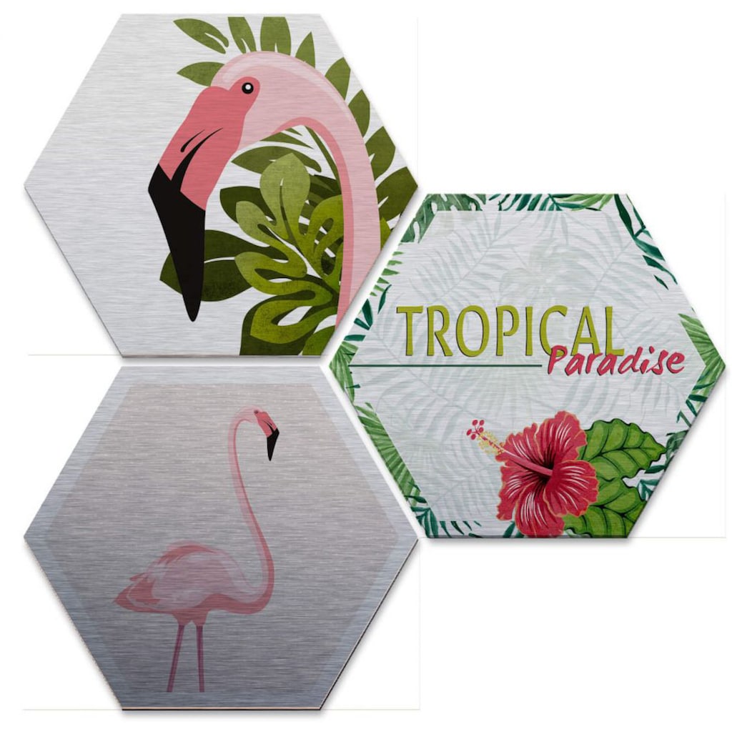 Wall-Art Mehrteilige Bilder »Silbereffekt Flamingo Set«, Grundriss, (Set, 3 St.)