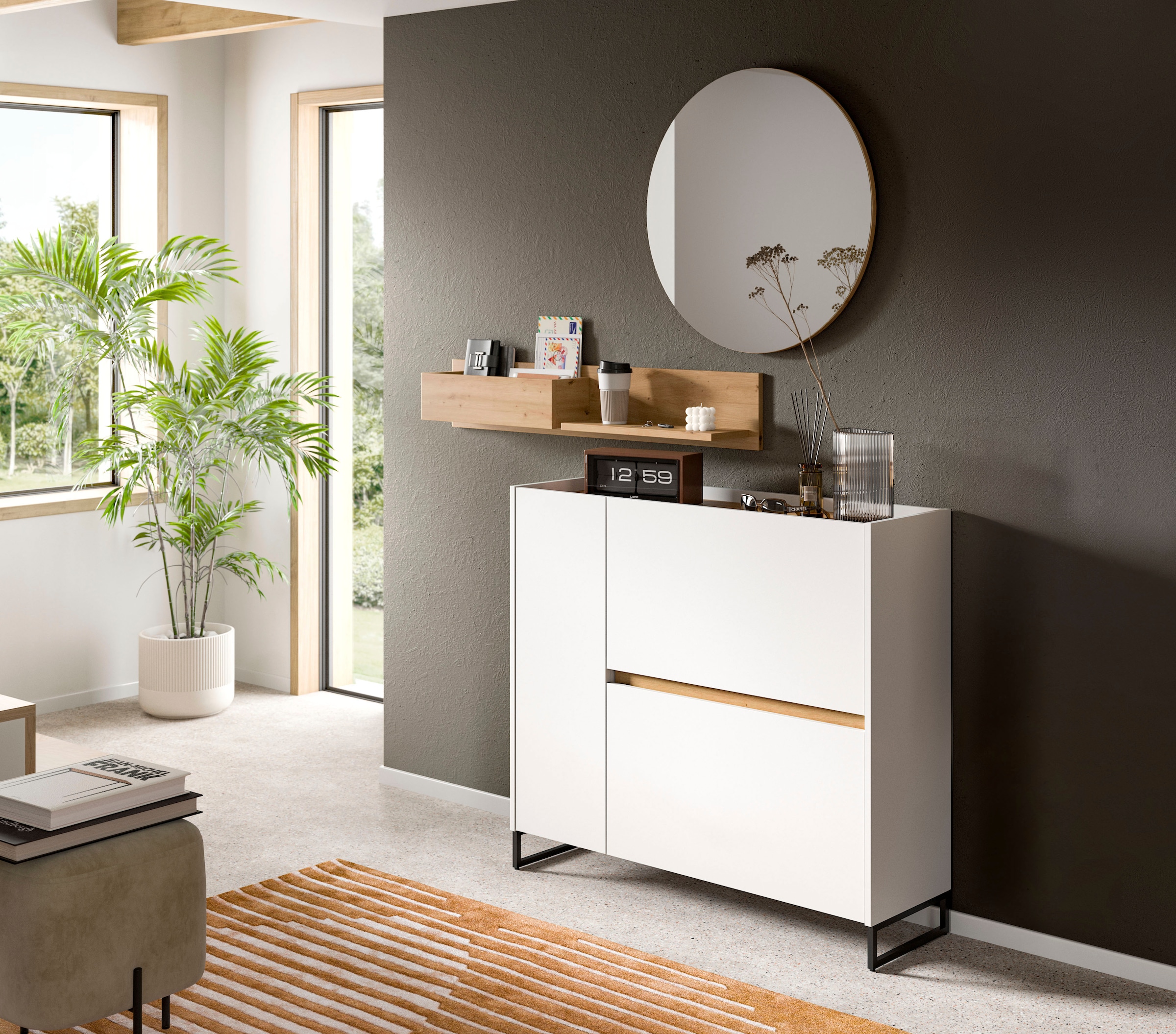 INOSIGN Schuhschrank »EVRID, Breite 110cm, 1 Tür, 2 Schuhwalzen, inkl. Metall-Kufenfüße« individuell mit anderen Artikel der Serie EVRID erweiterbar, 1 Stk. tlg. Schuhkommode, Kommode, Sideboard, Garderobenschrank, Flurkommode