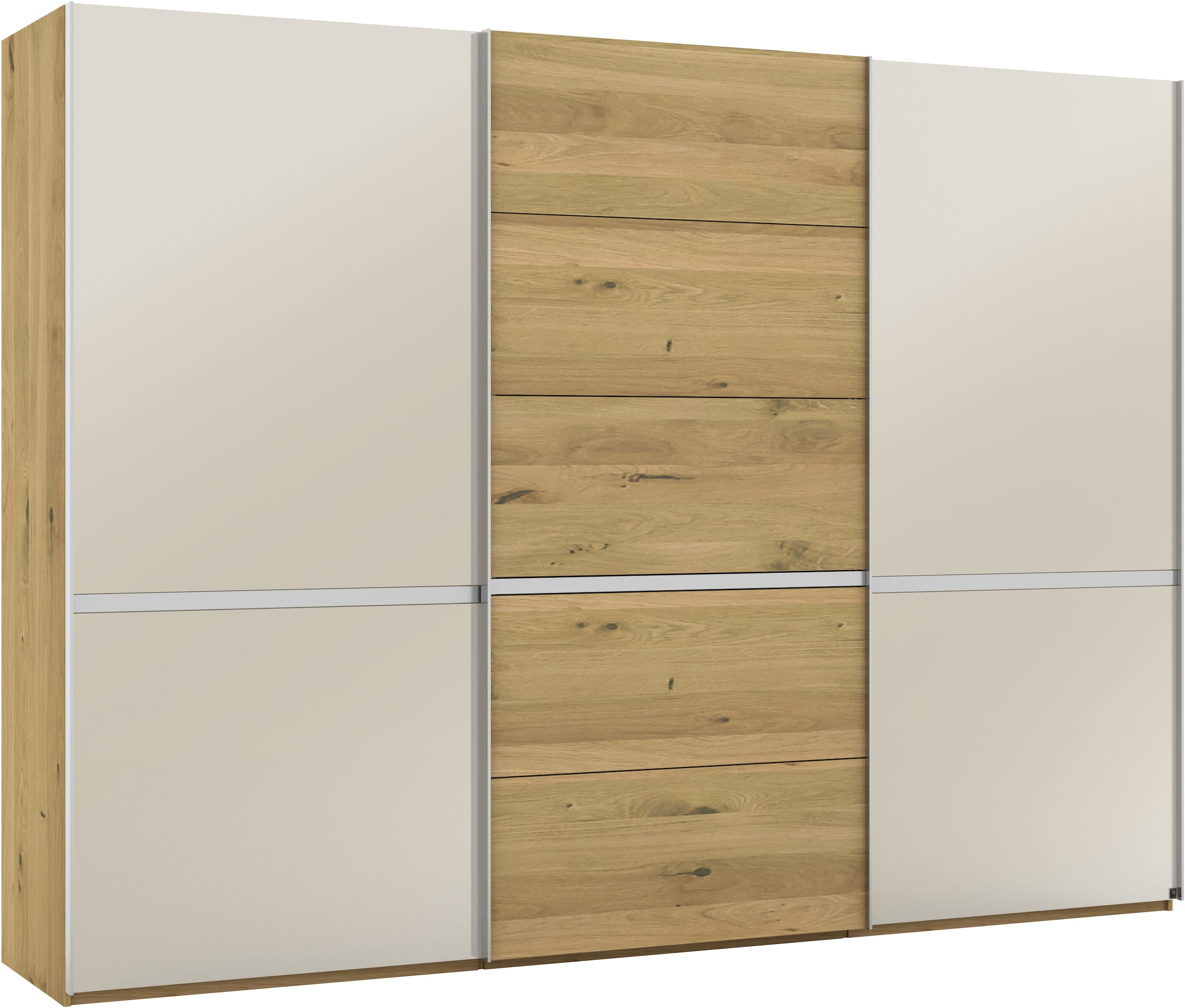 Musterring Schwebetürenschrank »Savona, Kleiderschrank, Schrank, Garderobe, mit Schiebetüren«, (Teilmassiv Bianco-Eiche, mit Spiegel oder Glas, MADE IN GERMANY), Türen Bianco-Eiche massiv, Spiegel-/Glastüren, eingelegte Chromleiste
