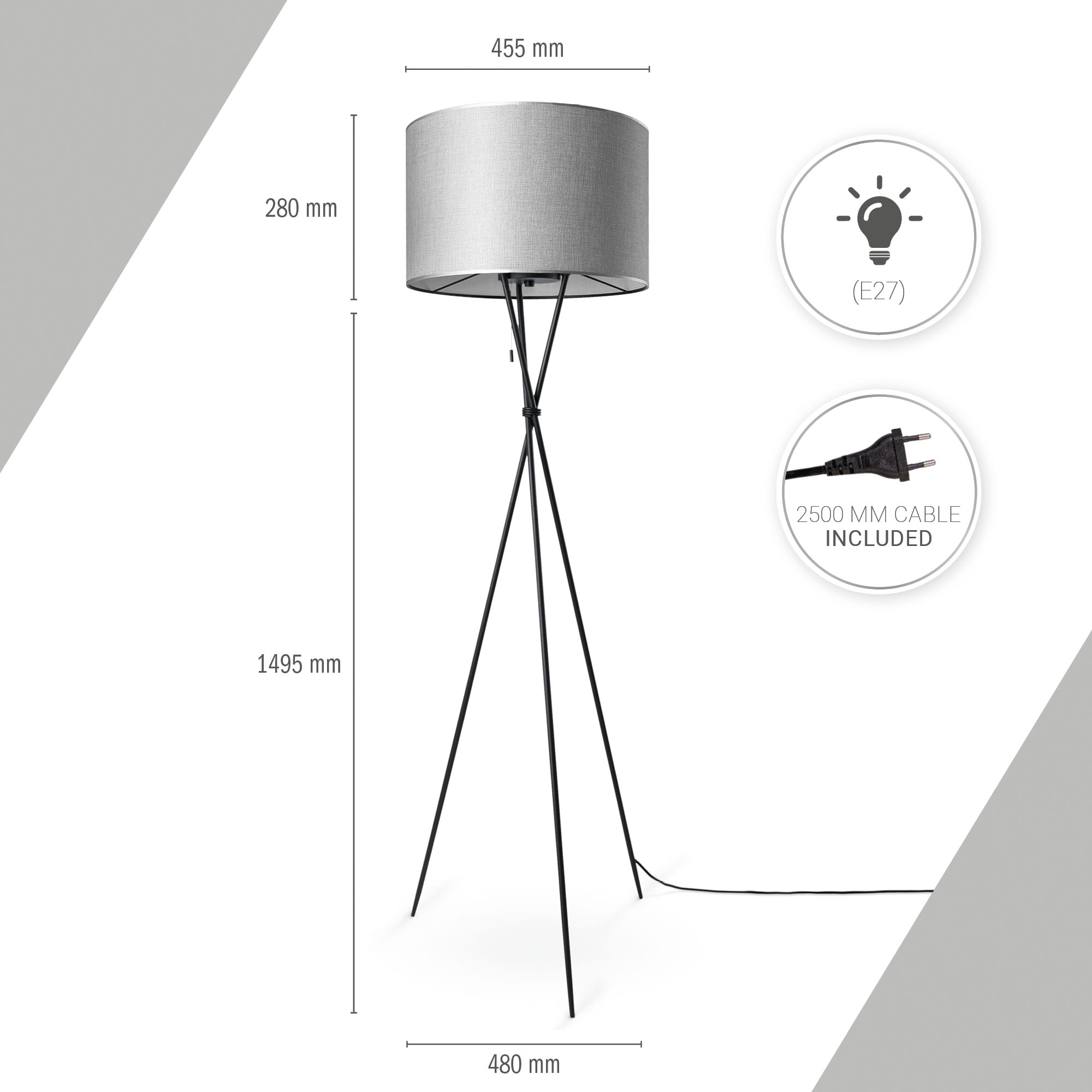 Paco Home Stehlampe »KATE CANVAS UNI COLOR«, Leuchtmittel E27 | ohne Leuchtmittel, Wohnzimmer Dreibein Stoffschirmlampe Standleuchte Textil Schirm E27