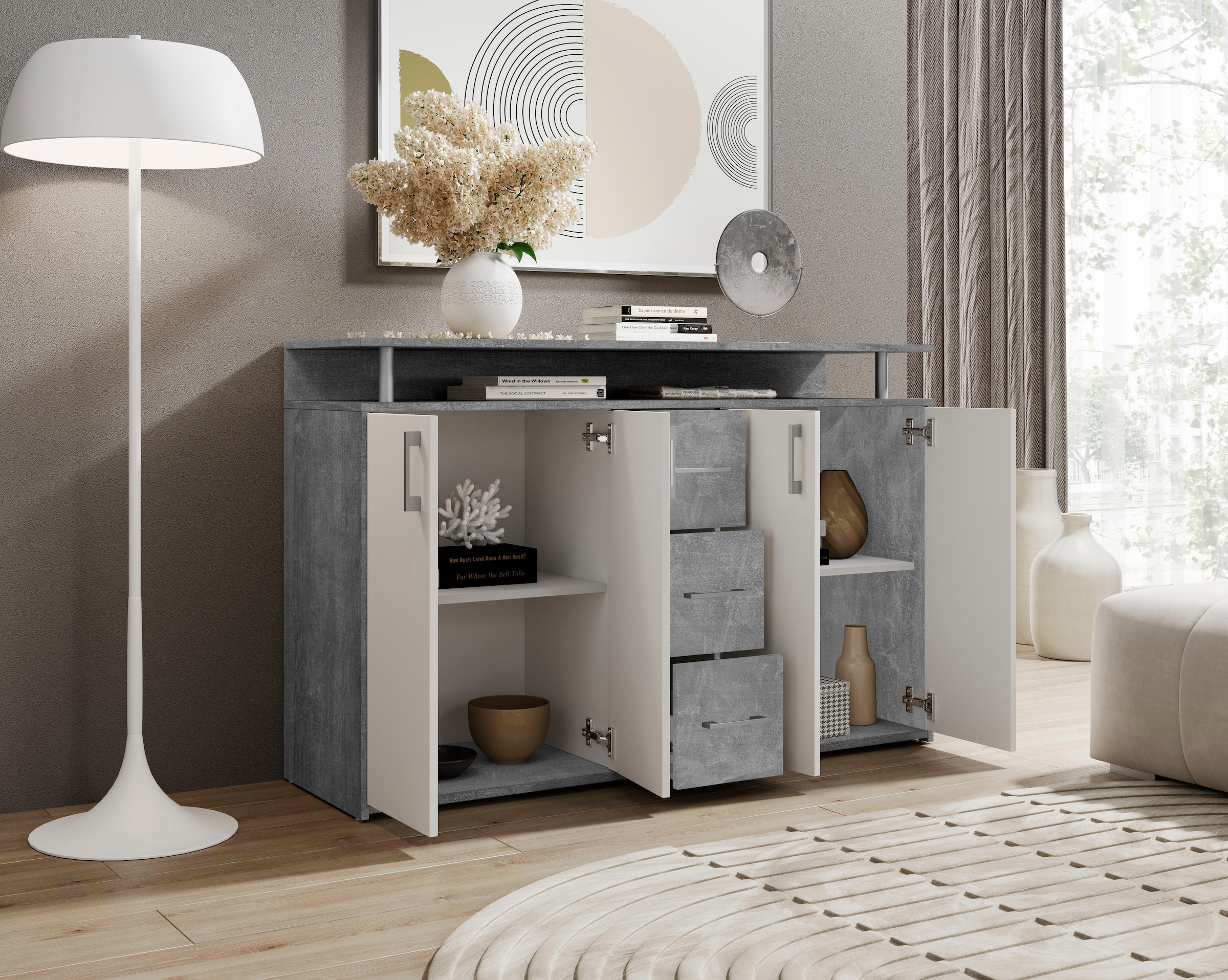 HBZ Sideboard »Drivno Sideboard, B/H/T 139x90x34 cm« 1 Stk. tlg. Breite 139cm, Kugelauszug, Einlegeböden verstellbar,  3 Schubkästen