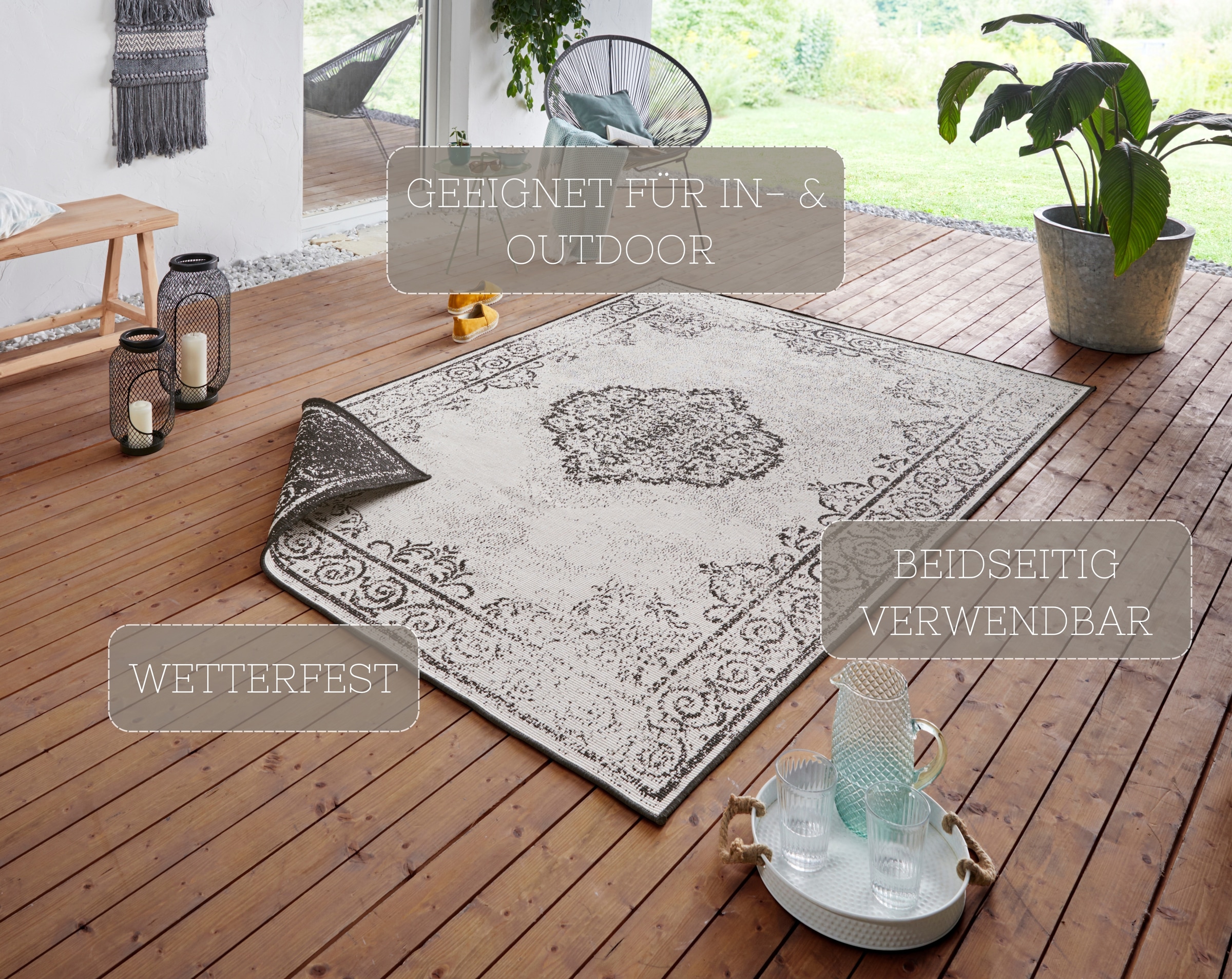 NORTHRUGS Teppich »CEBU Wendeteppich«, rechteckig, 5 mm Höhe, In-& Outdoor, Wetterfest, Balkon, Wohnzimmer, Wasserfest, Orientalisch