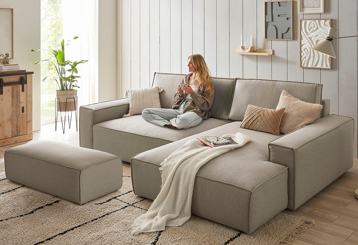 Home affaire Polsterecke »NEU: SHERWOOD XXL tief, L-Form mit Schlaffunktion, Big-Sofa mit Hocker«, (Set, 2 St.), stellbar zum Schlafsofa (Krokodilverbinder), Cord, Leinenoptik