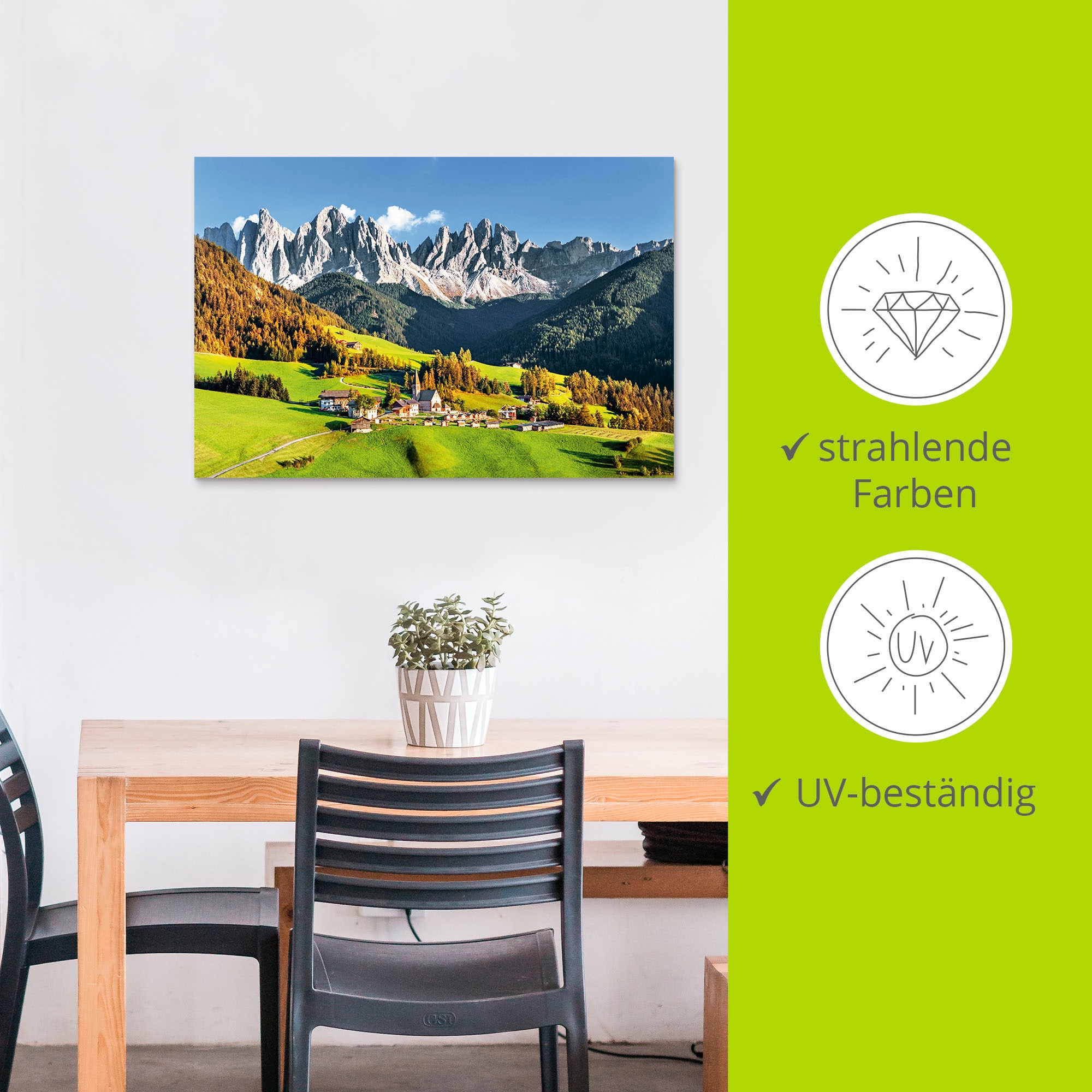 Artland Wandbild »Alpen Berge Santa Maddalena«, Berge & Alpenbilder, (1 St.), als Alubild, Outdoorbild, Leinwandbild, Poster in verschied. Größen