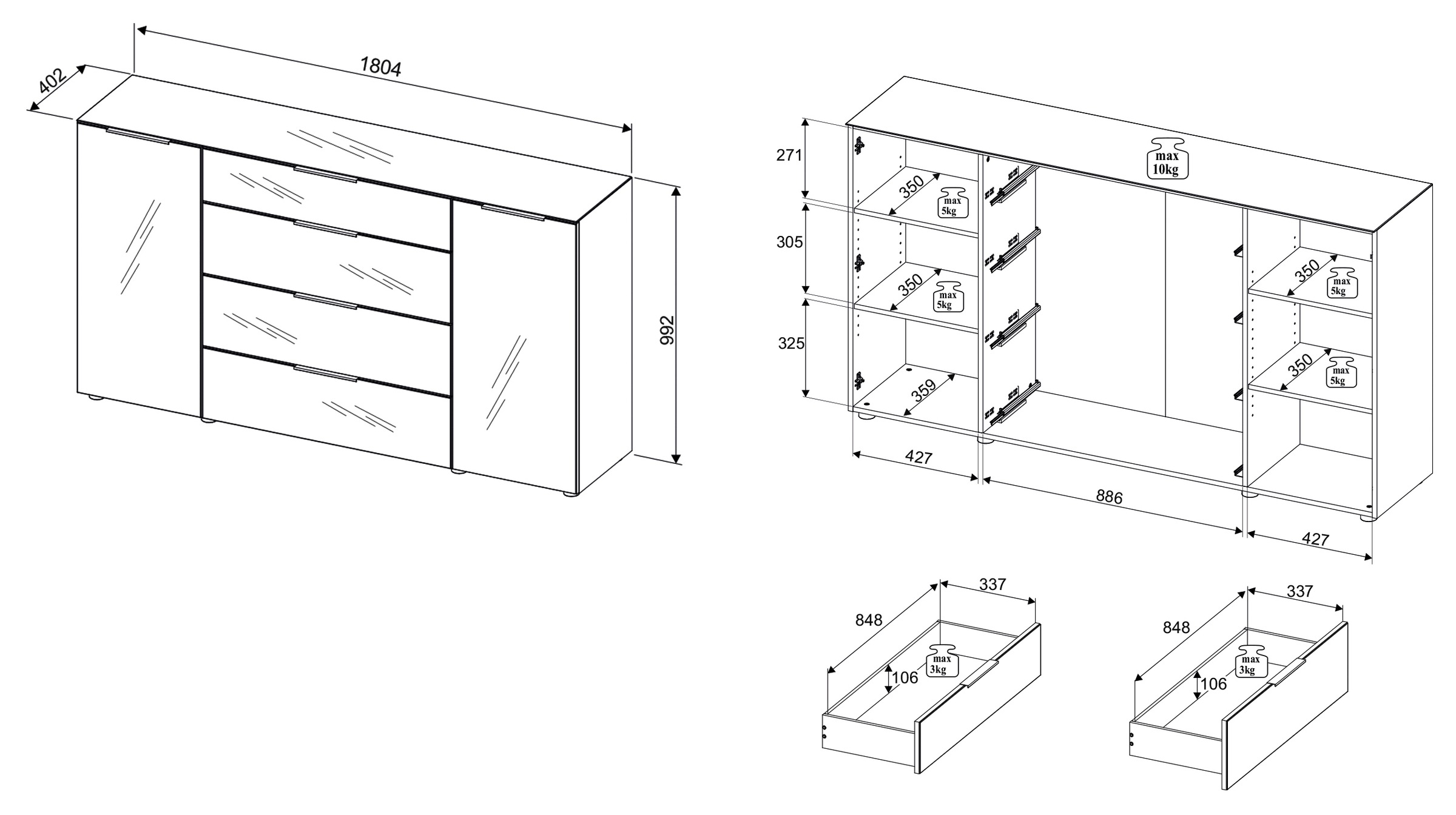 HBZ Kommode »Santorin, BxHxT 180x99x40 cm«, (1 St.), Breite 180cm, Softclose für Türen und Schubkästen, Melaminbeschichtung