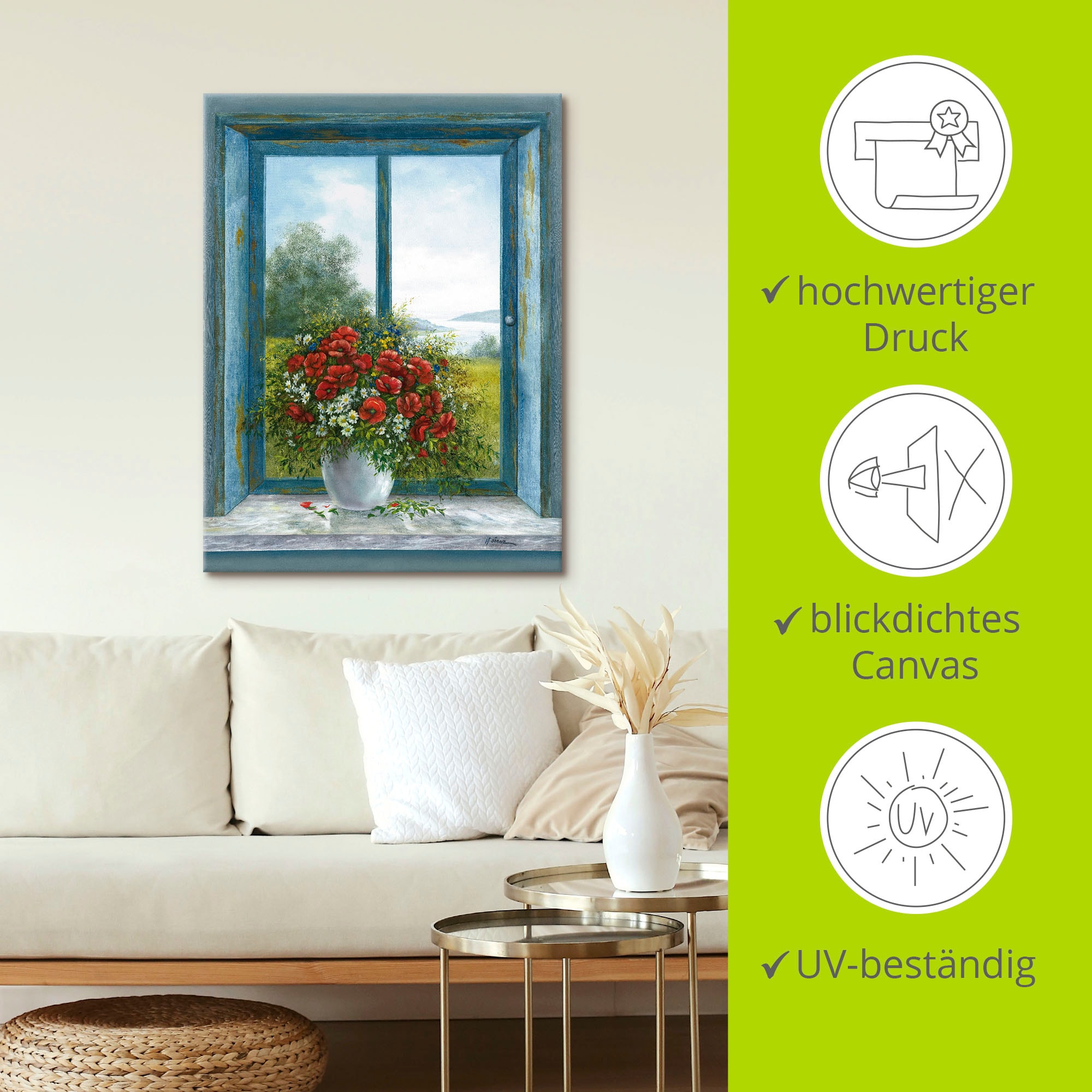 Artland Leinwandbild »Mohnblumen am Fenster« Arrangements 1 Stk. tlg. auf Holzrahmen gespannt