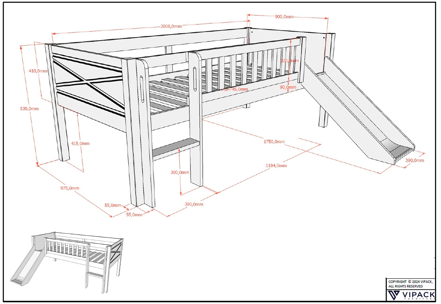 Vipack Spielbett »Scott mit niedriger Einstiegshöhe inkl. Leiter, Rutsche und Rollnrost«, in Kiefer massiv, weiß 90x200 cm, wahlweise ohne und mit Rollboxen