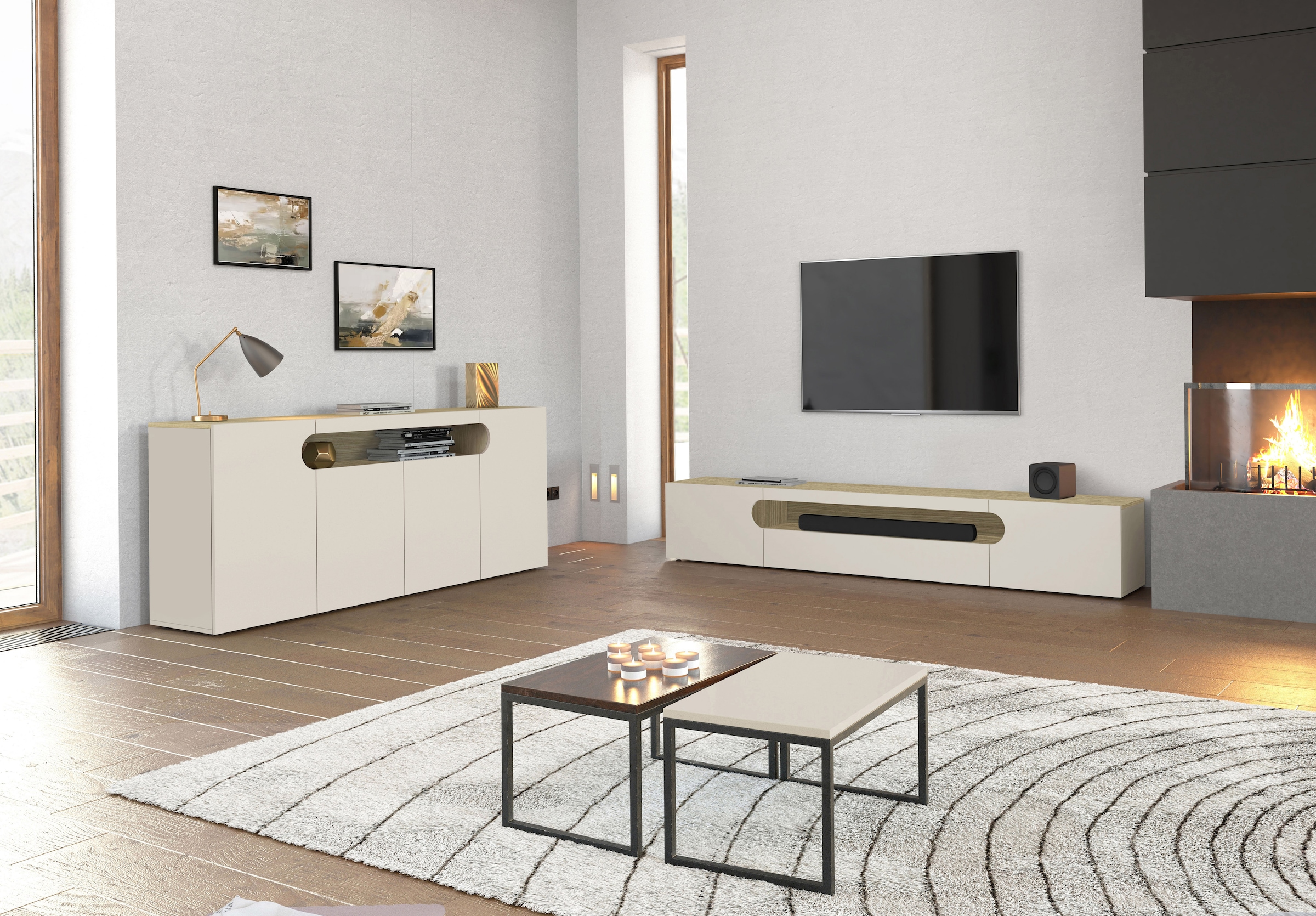 INOSIGN Lowboard »REAL TV-Möbel, 240 cm breit, 40/60 cm hoch, Hochglanz oder matt« mit 2 abgerundeten Türen, 1 Klappe, die ein ovales offenes Fach bilden