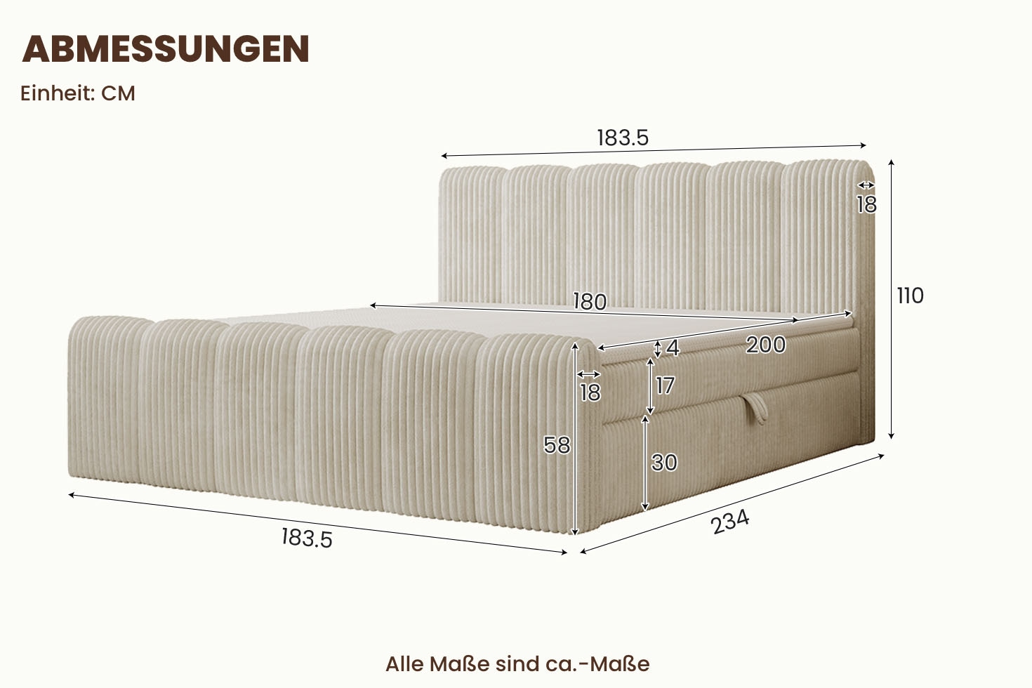 OTTO home Boxbett »SIVVA, Polsterbett mit Bettkasten, inkl. Taschenfederkernmatratze H3« mit Kaltschaumtopper, flauschiger Breit-Cord-Bezug, 180x200 cm
