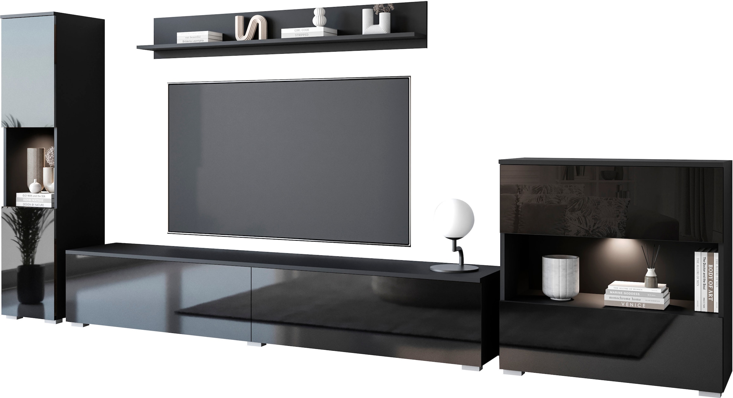 INOSIGN Wohnwand »PARIS, Vitrine Türanschlag links/rechts wechselbar«, (Komplett-Set, 4 St.), grifflose Design, stehend und hängend montierbar