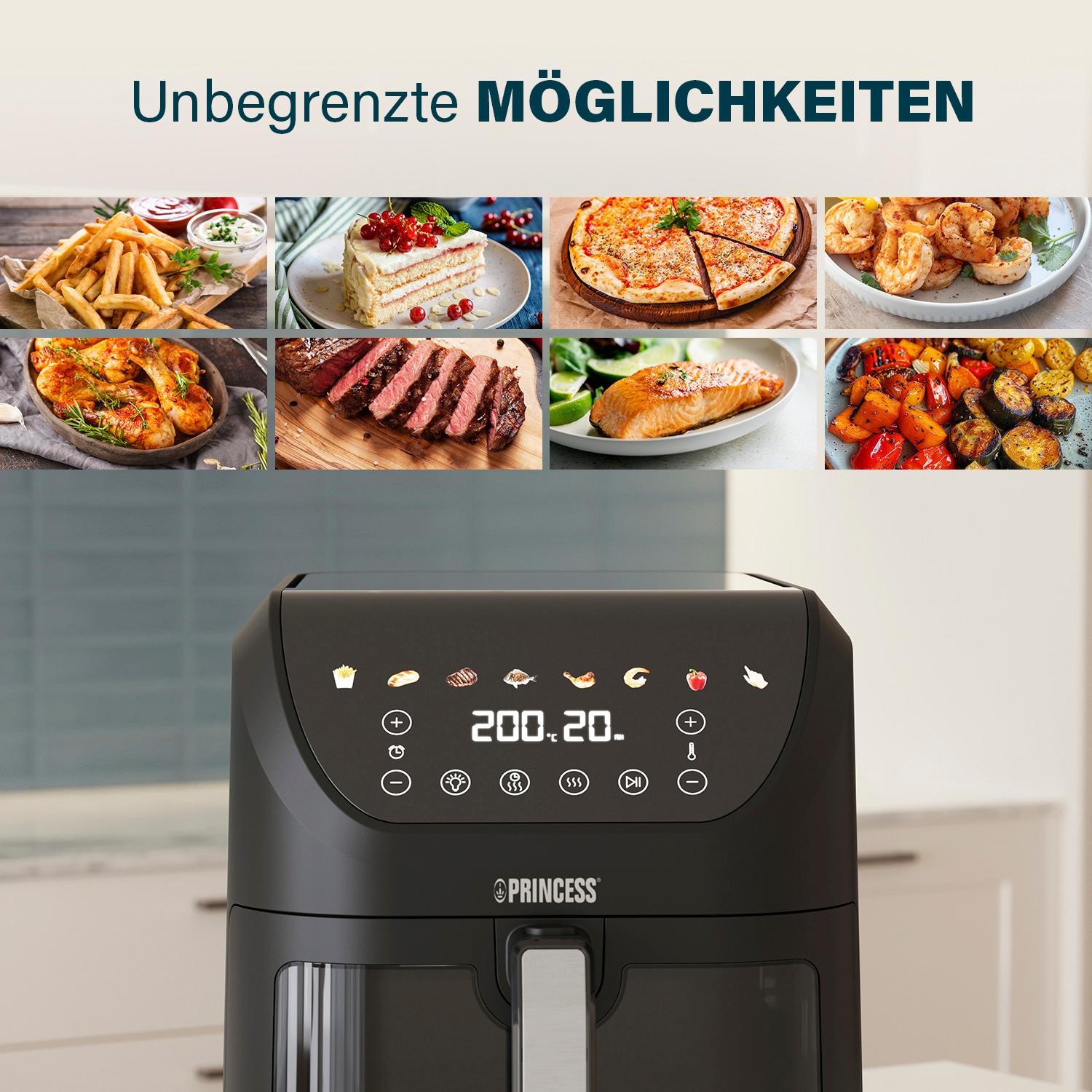 PRINCESS Heißluftfritteuse »182258 SlimFry Airfryer«, 2000 W, 8 L, platzsparendes Design, fettfreie Kochtechn., 8 Progr., 55dB leise