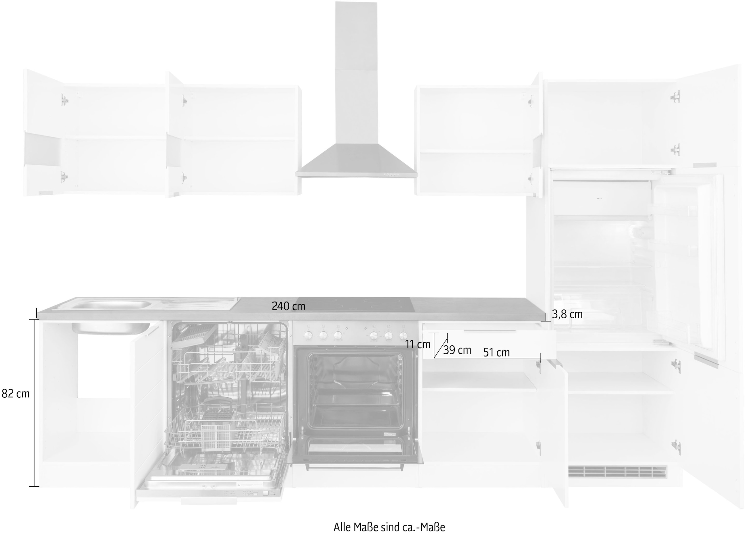 KOCHSTATION Küchenzeile »KS-Luhe« 300 cm breit, wahlweise mit oder ohne E-Geräten, gefräste MDF-Fronten