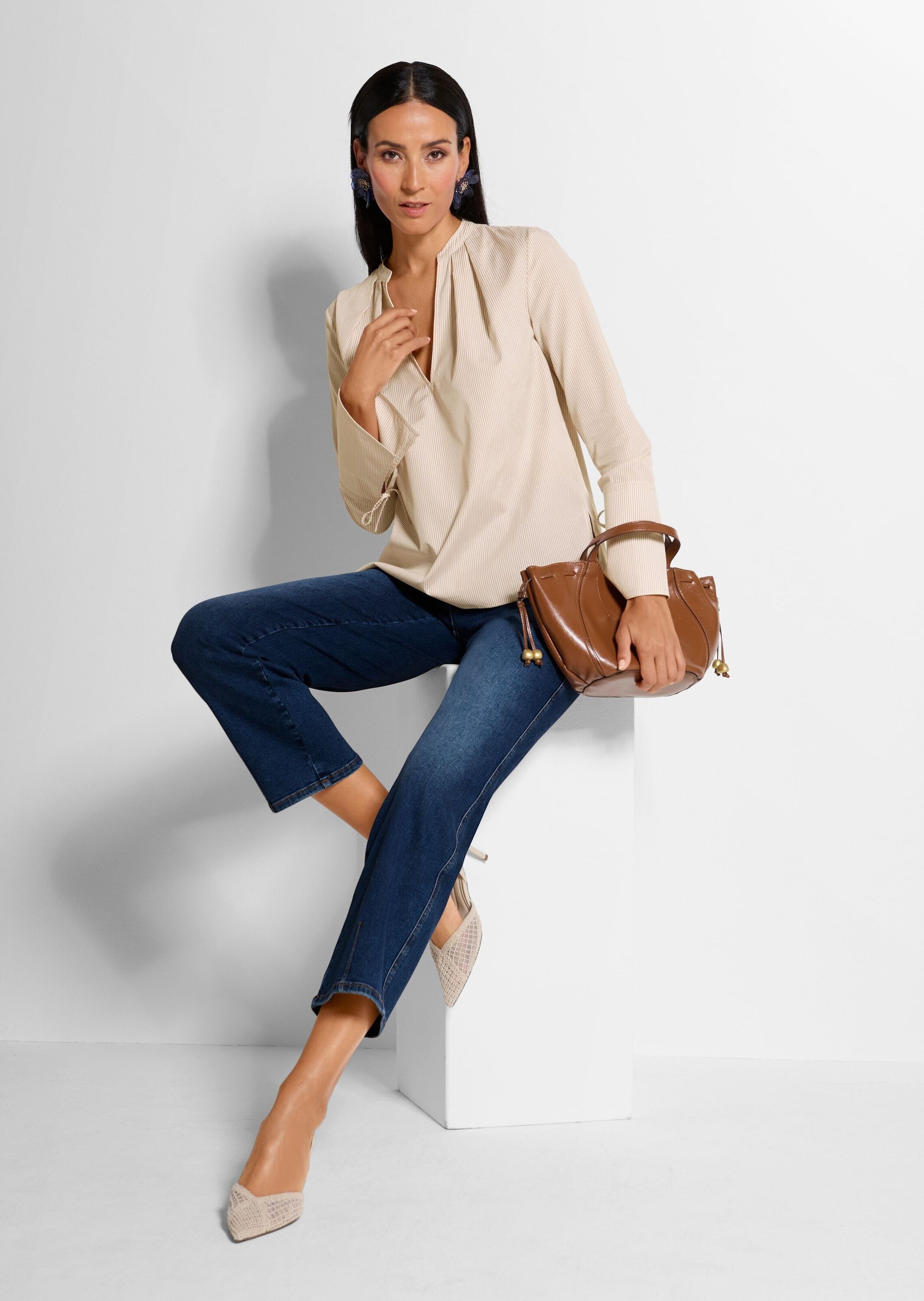 MADELEINE Langarmbluse »Streifenbluse Blusenshirt mit Streifendesign« Bluse mit Rundhalsblende mit V-Ausschnitt