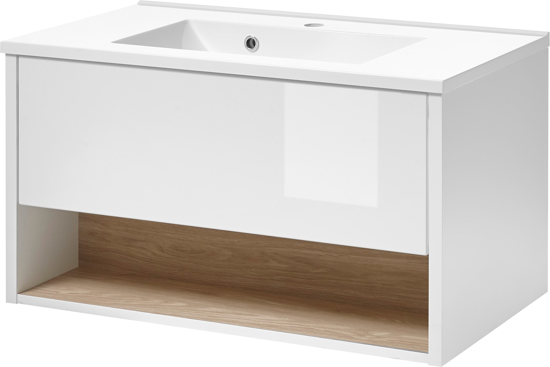 Places of Style Badmöbel-Set »Studio Line, Bad im modernen Design, 5-teiliges Badezimmer«, (5 St.), Schrank, Waschtisch und Spiegel, in zwei Farben verfügbar, Stauraum