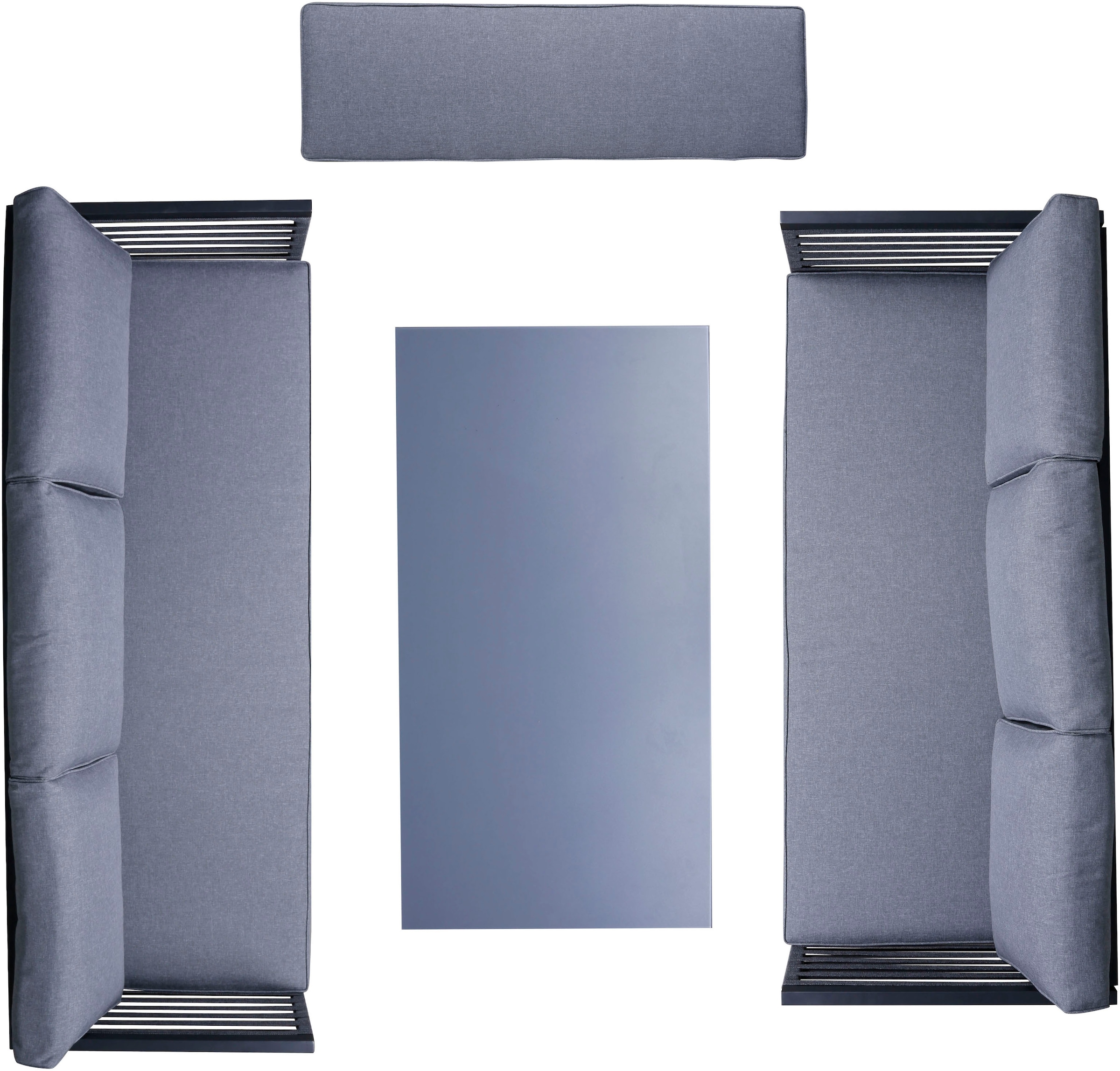 KONIFERA Gartenlounge-Set »Ecklounge »Edessa«« Set, 2x 3er Sofa, Tisch 70x140x69 cm, 1 Sitzbank, inkl. Auflagen, 14 Stk. tlg. Armlehne mit Seilgeflecht und Nonwood-Latten