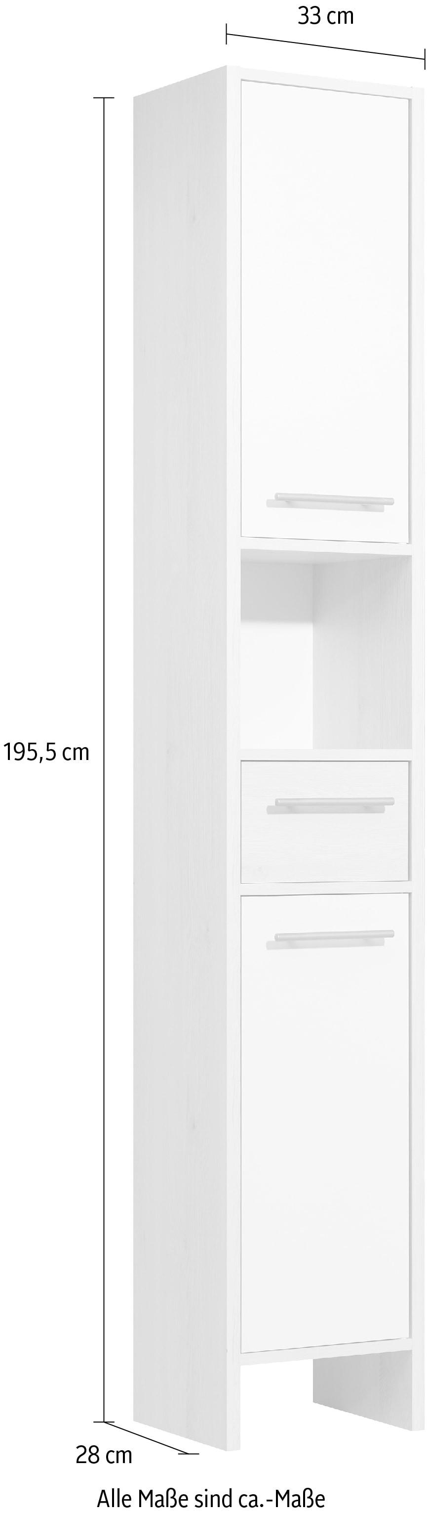 Saphir Hochschrank »Quickset 350 Badschrank 33 cm breit, 2 Türen, 1 Schublade, 1 Nische«, (1 St.), Badezimmer-Hochschrank, Pinie Ida hell, Griffe alufarbig